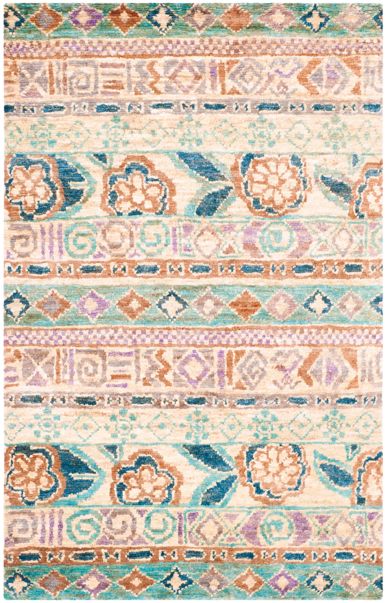 Bohemian Banded Floral Hand-Knotted Jute Rug in Bleach / Gold