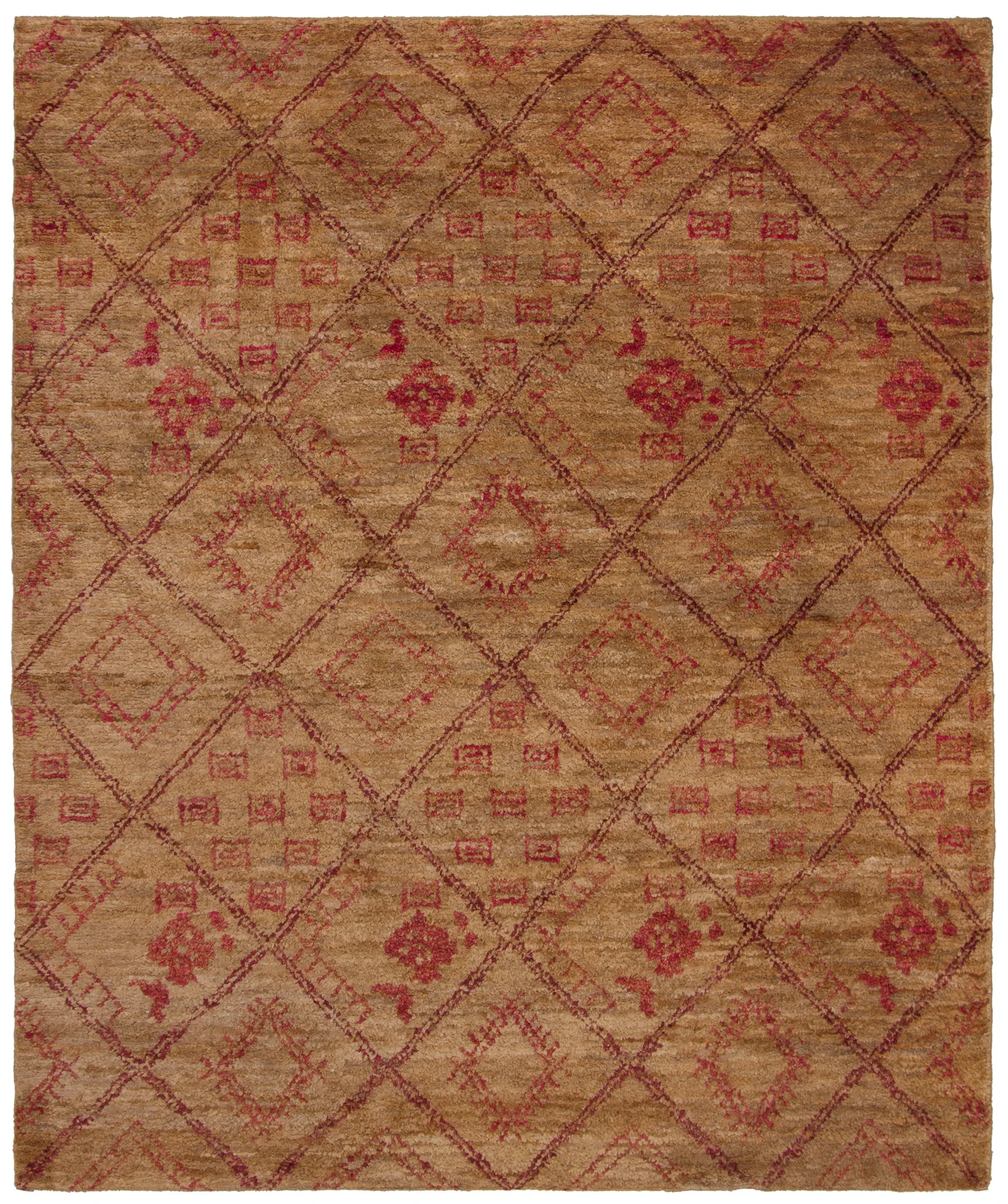 Bohemian Tribal Diamond Trellis Hand-Knotted Jute Rug in Natural / Red