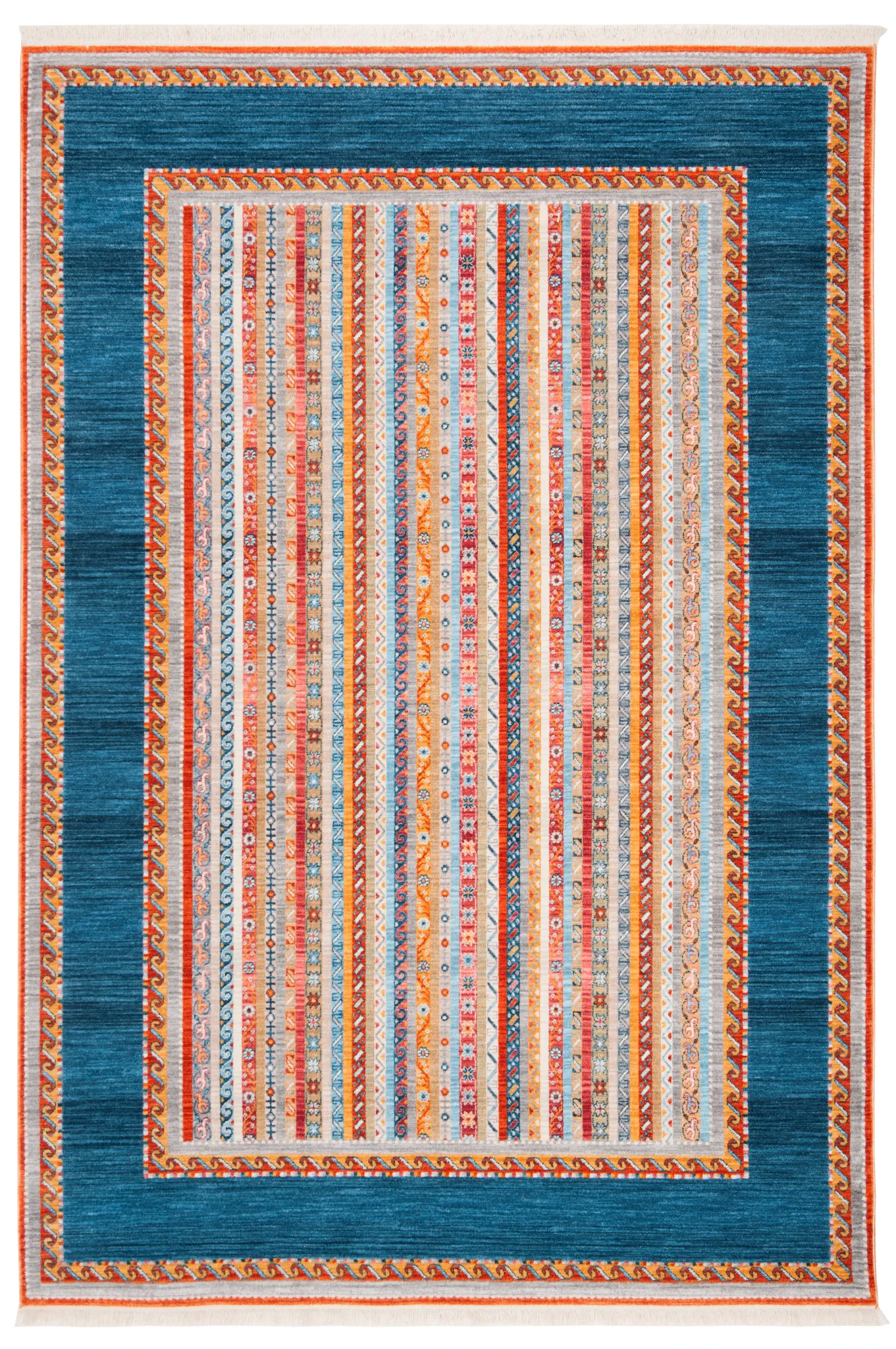 Bokhara Striped Border Rug in Blue / Orange