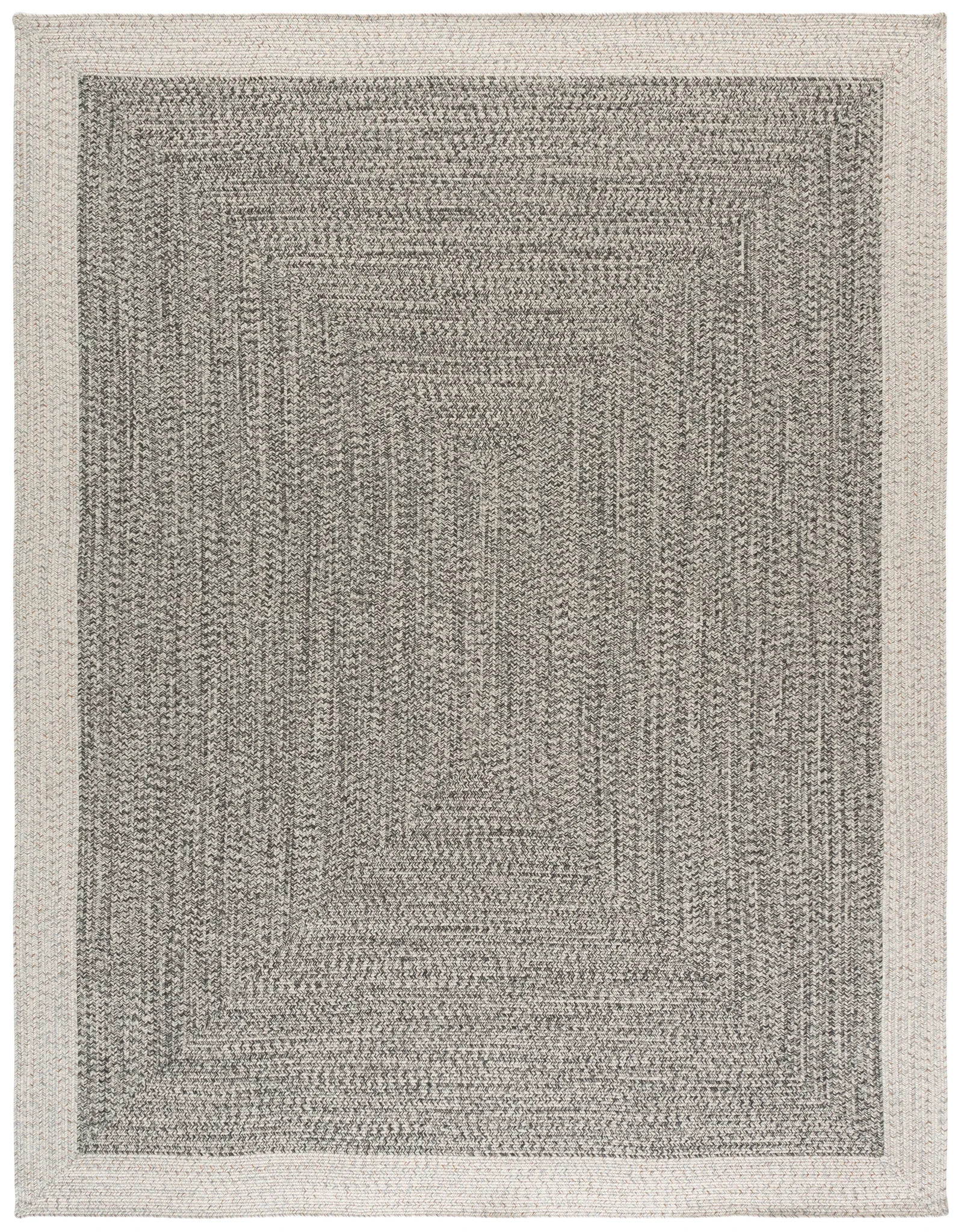 Braided Transitional Border Washable Outdoor Rug in Ivory / Gray Black