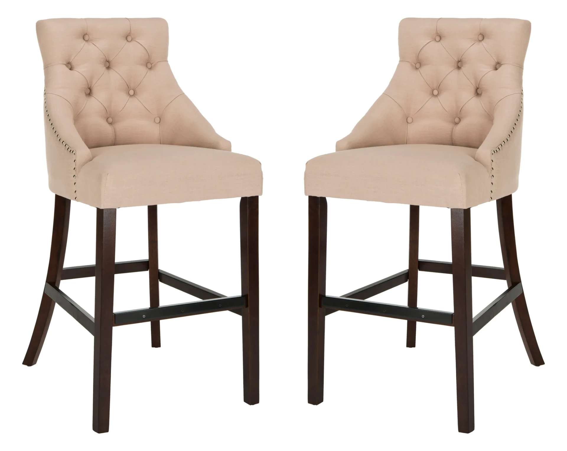Eleni Tufted Bar Stool (Set of 2) in Beige Linen / Chrome Ring / Espresso Leg
