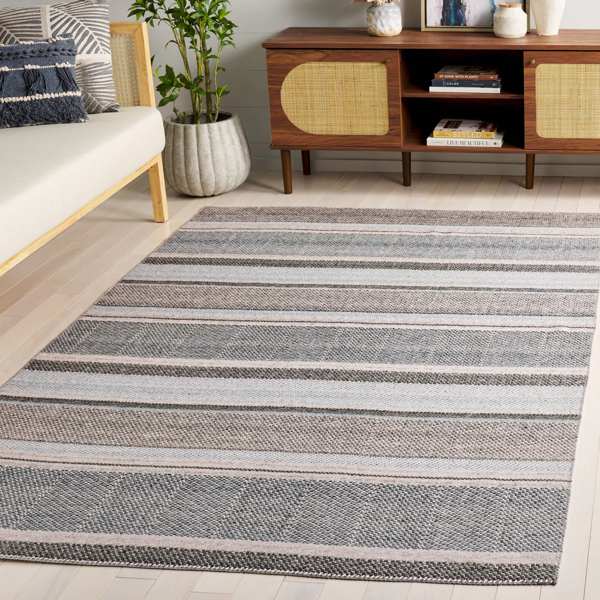 Cabo Striped Rug in Black / Light Blue