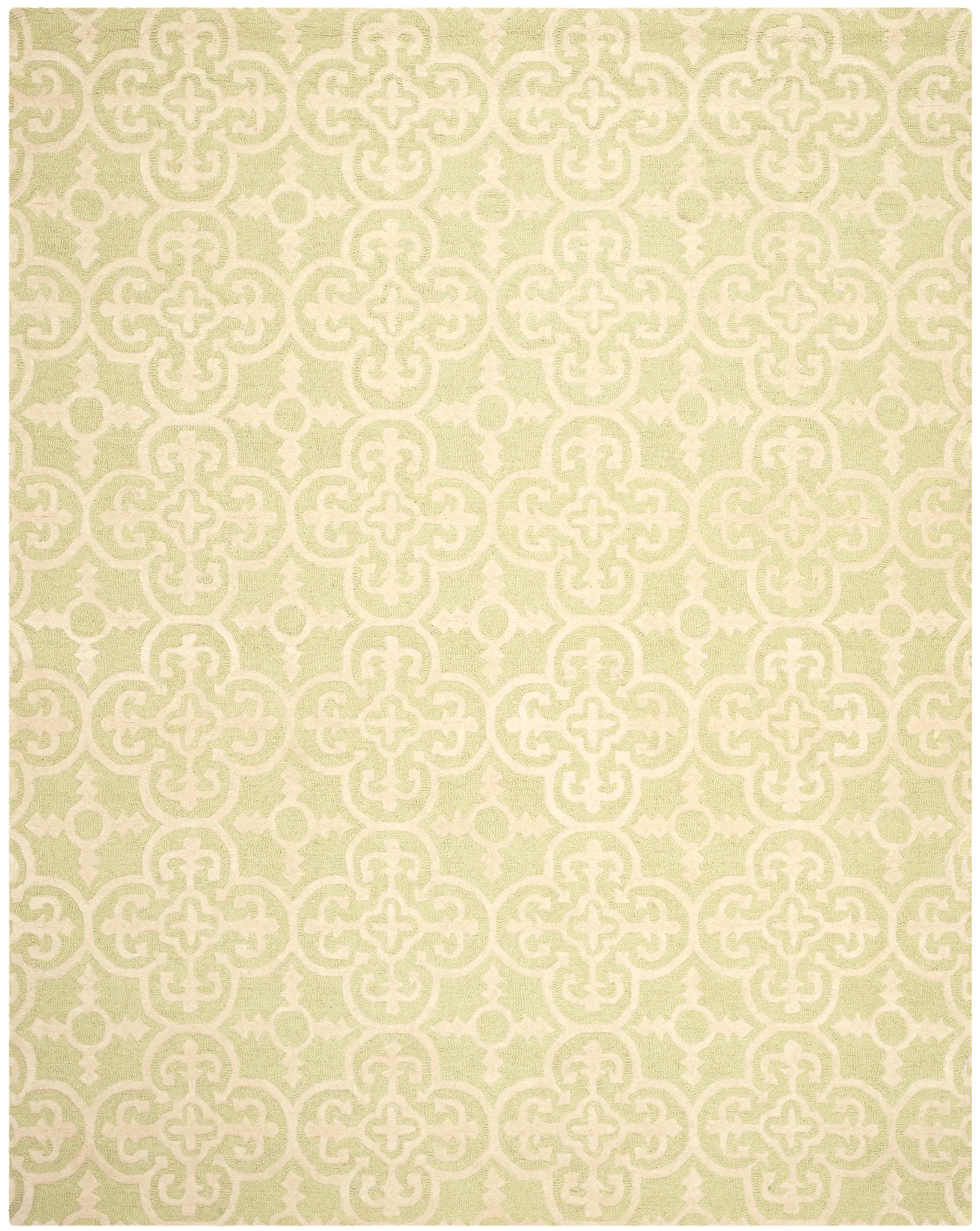 Cambridge Ornate Quatrefoil Hand-Tufted Wool Rug in Light Green / Ivory