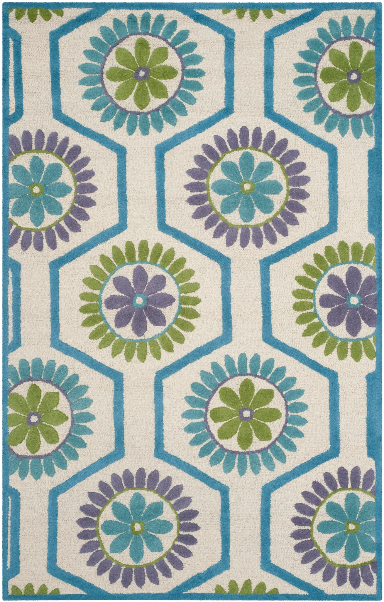 Cambridge Floral Honeycomb Hand-Tufted Wool Rug in Ivory / Blue
