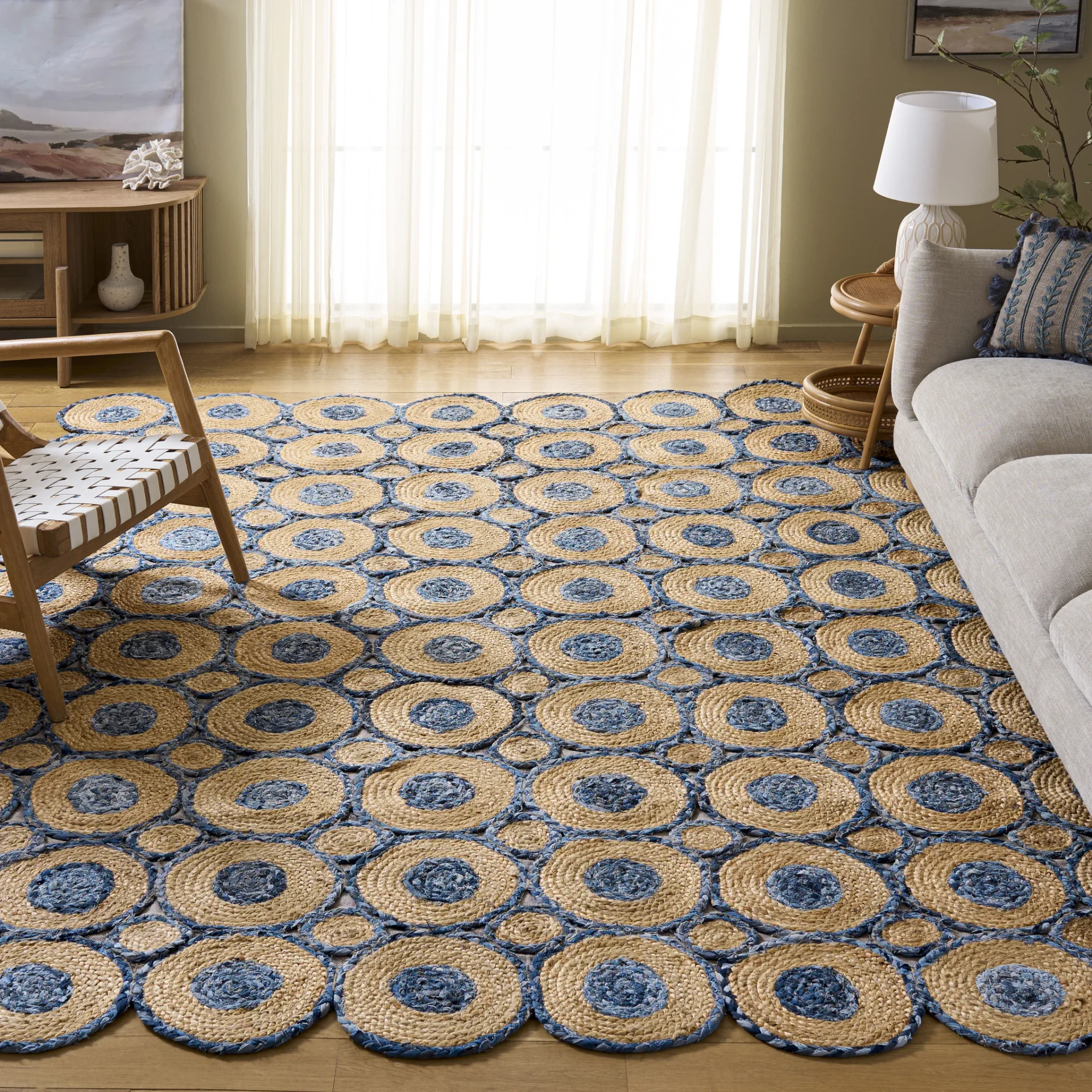 Cape Cod Interlocking Circles Hand-Woven Rug in Blue / Natural