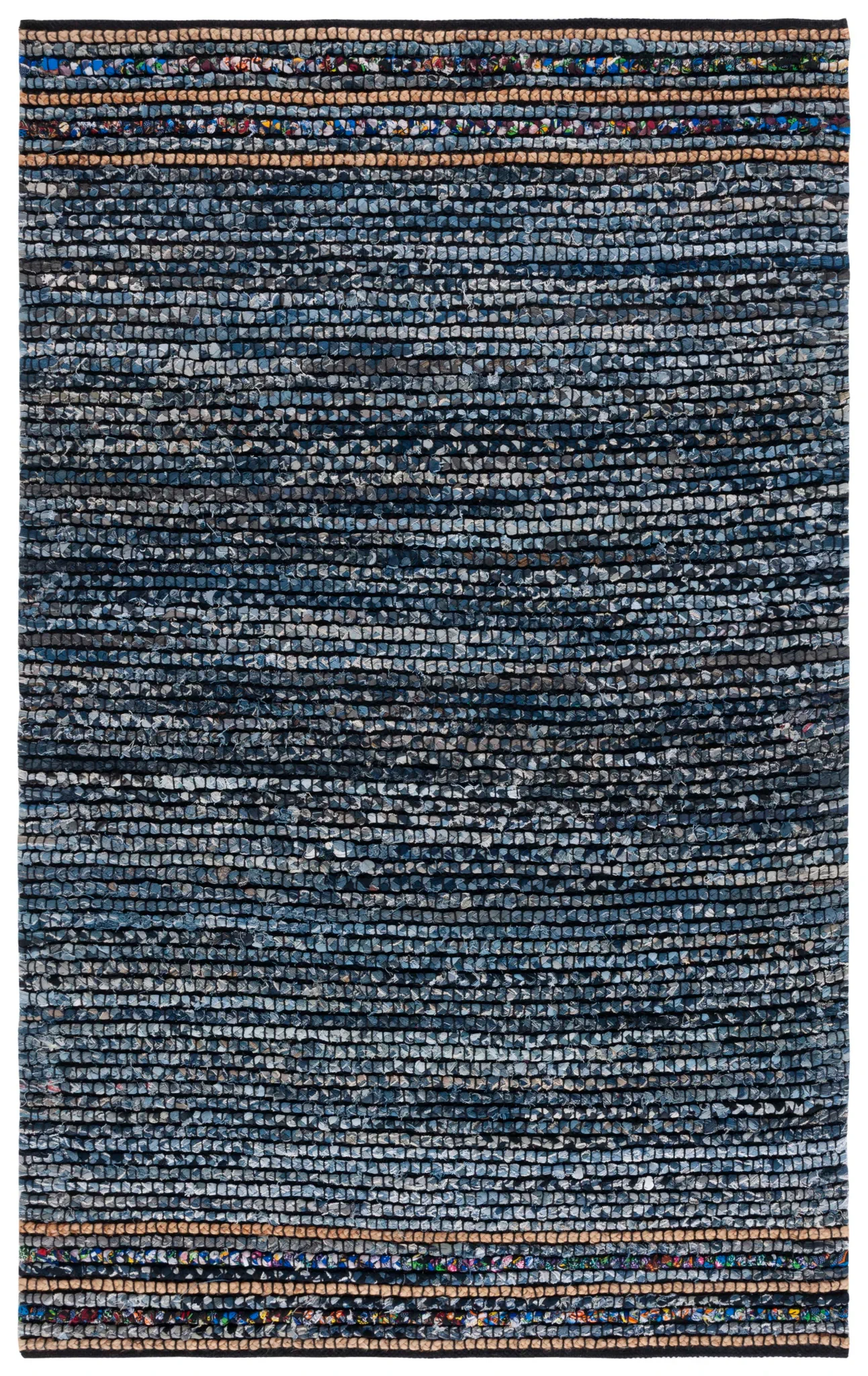Cape Cod Dual Border Stripe Hand-Woven Rug in Natural / Blue