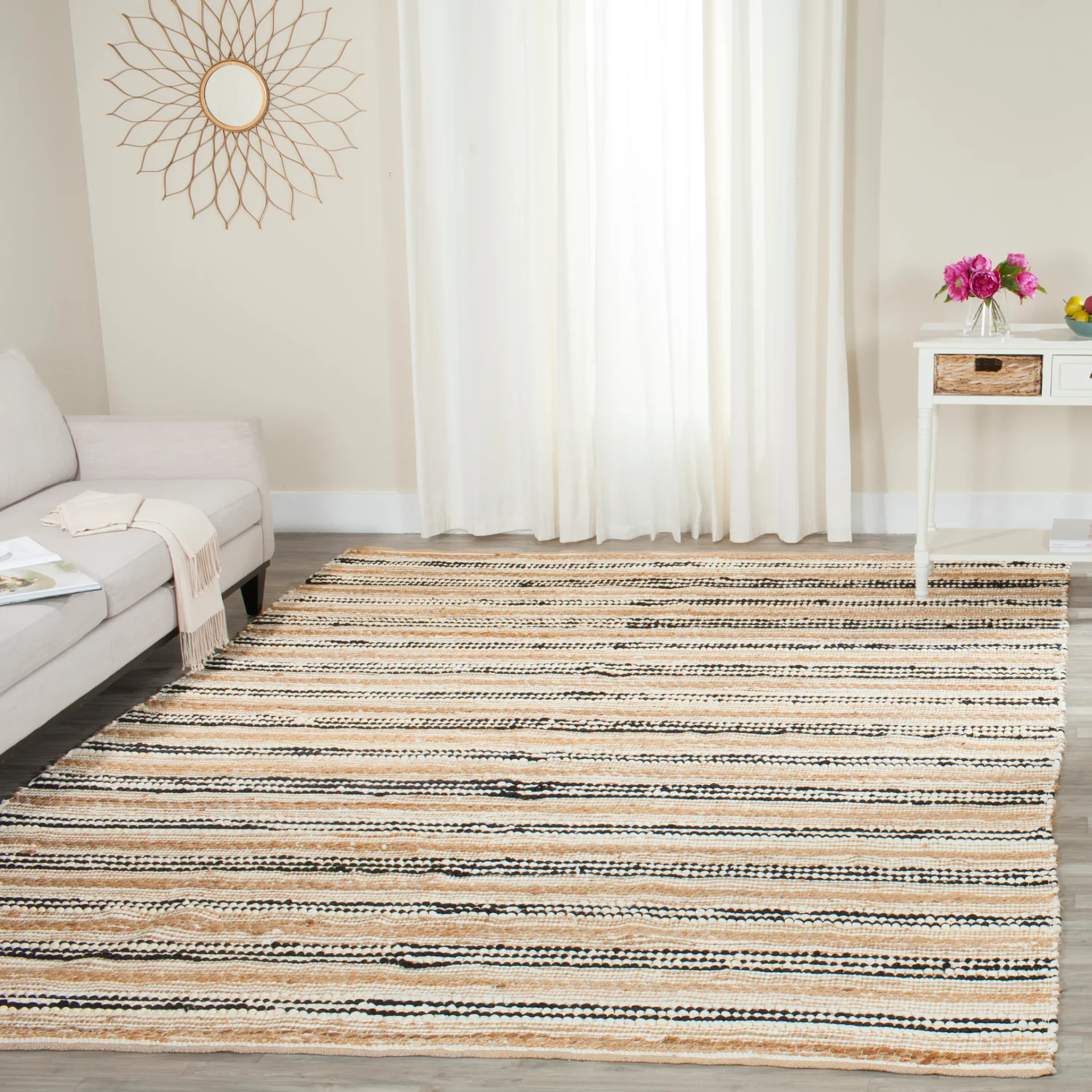 Cape Cod Varied Stripe Hand-Woven Rug in Natural / Black