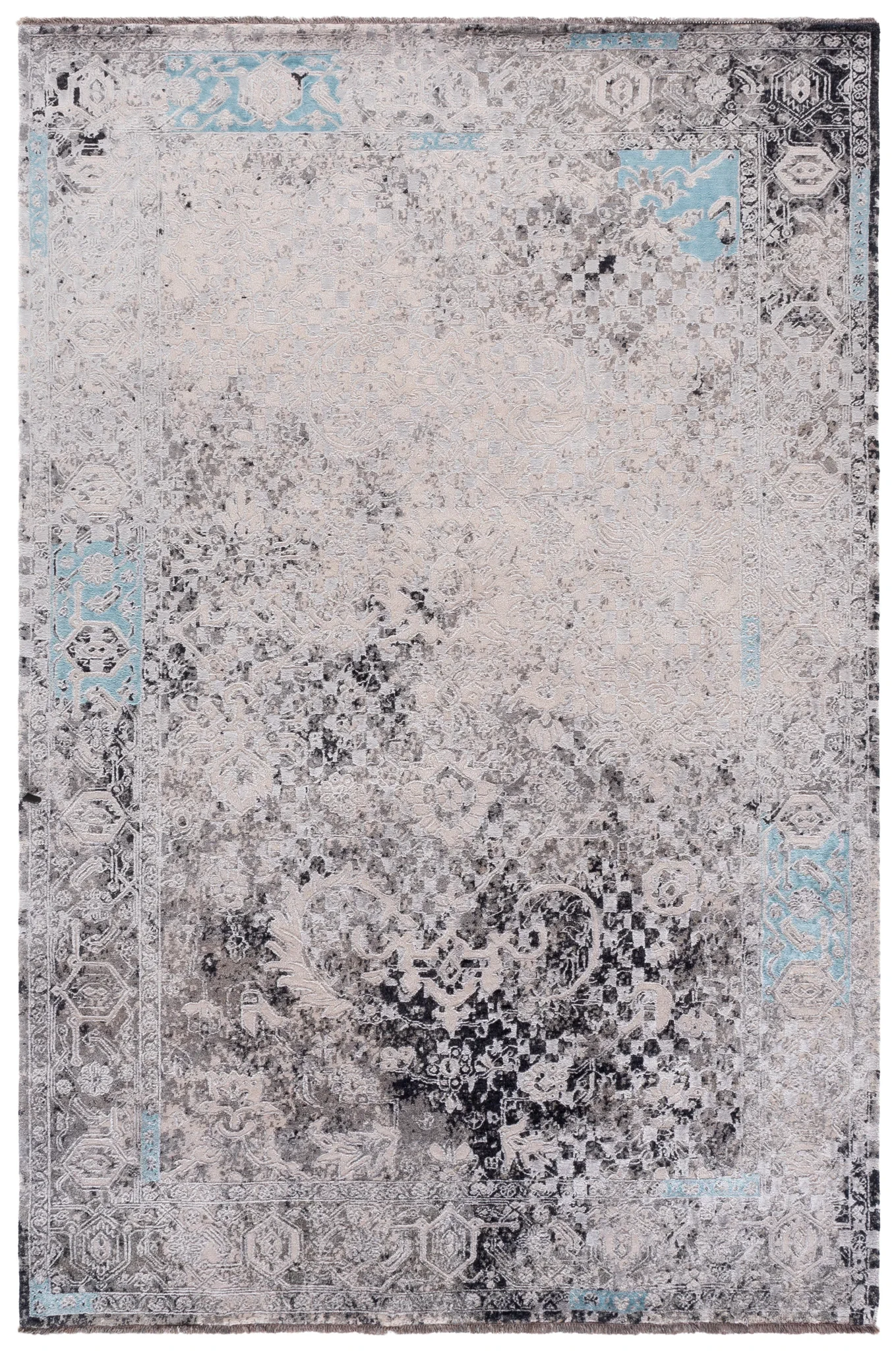 Centennial Distressed Border Hand-Knotted Rug in Light Blue
