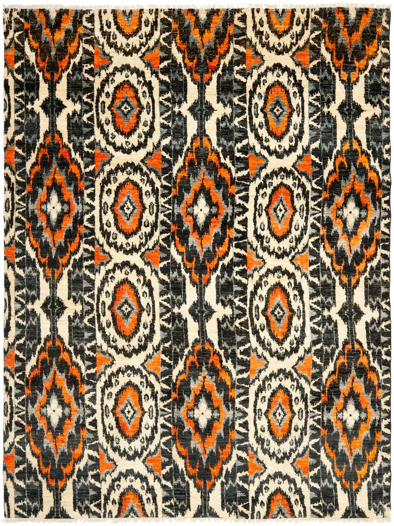 Calcutta Ikat Seychelles Hand-Knotted Wool Rug in Ivory / Rust