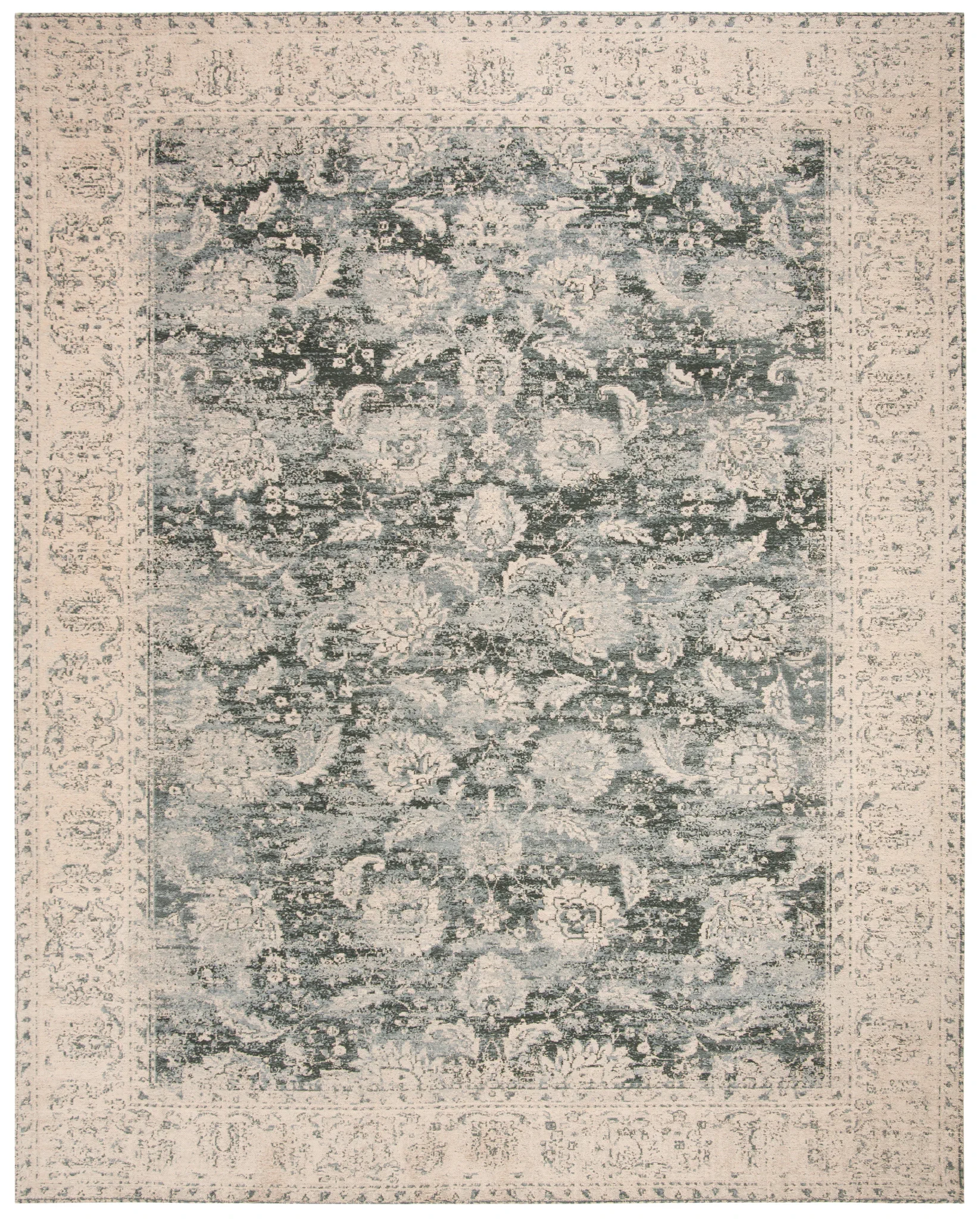 Classic Vintage Bordered Botanical Rug in Cream / Gray