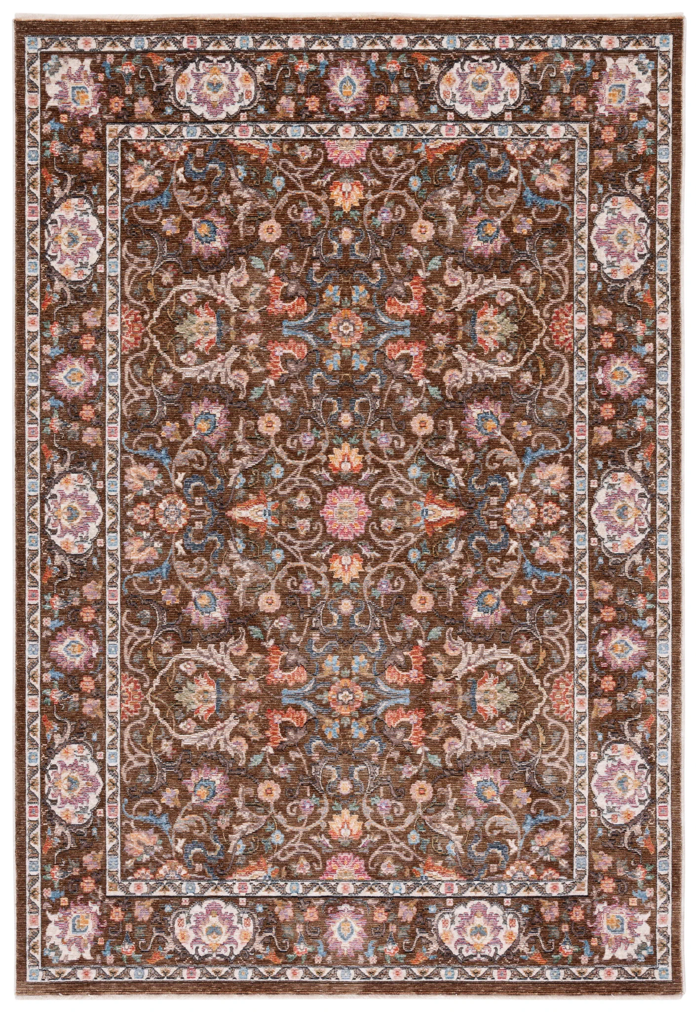 Crimson Floral Border Rug in Brown / Blue