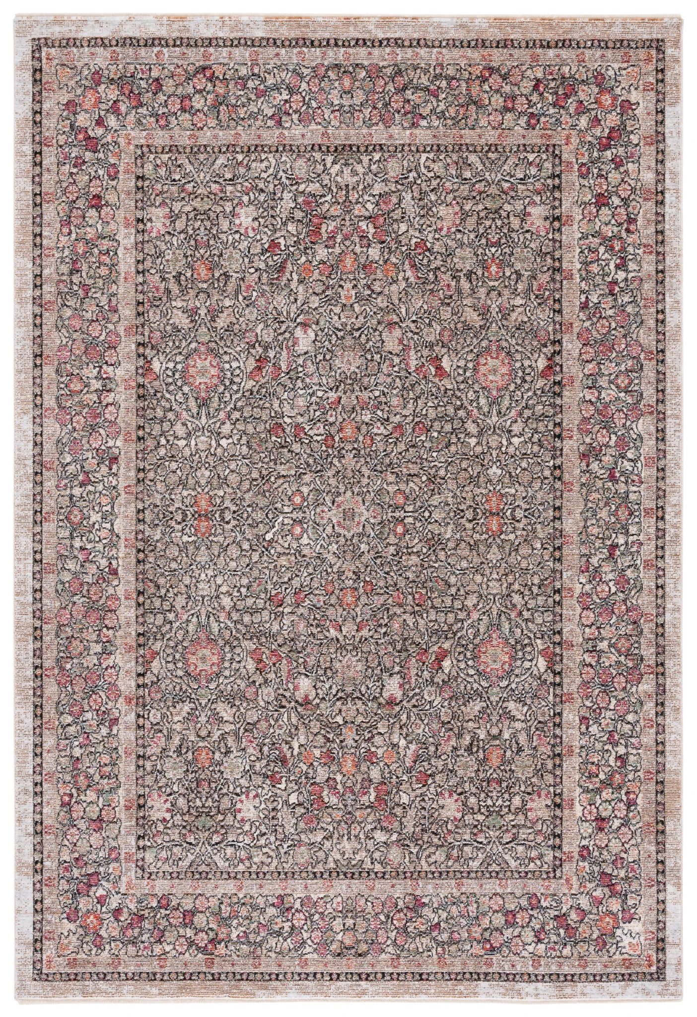 Crimson Bordered Floral Rug in Blue / Black