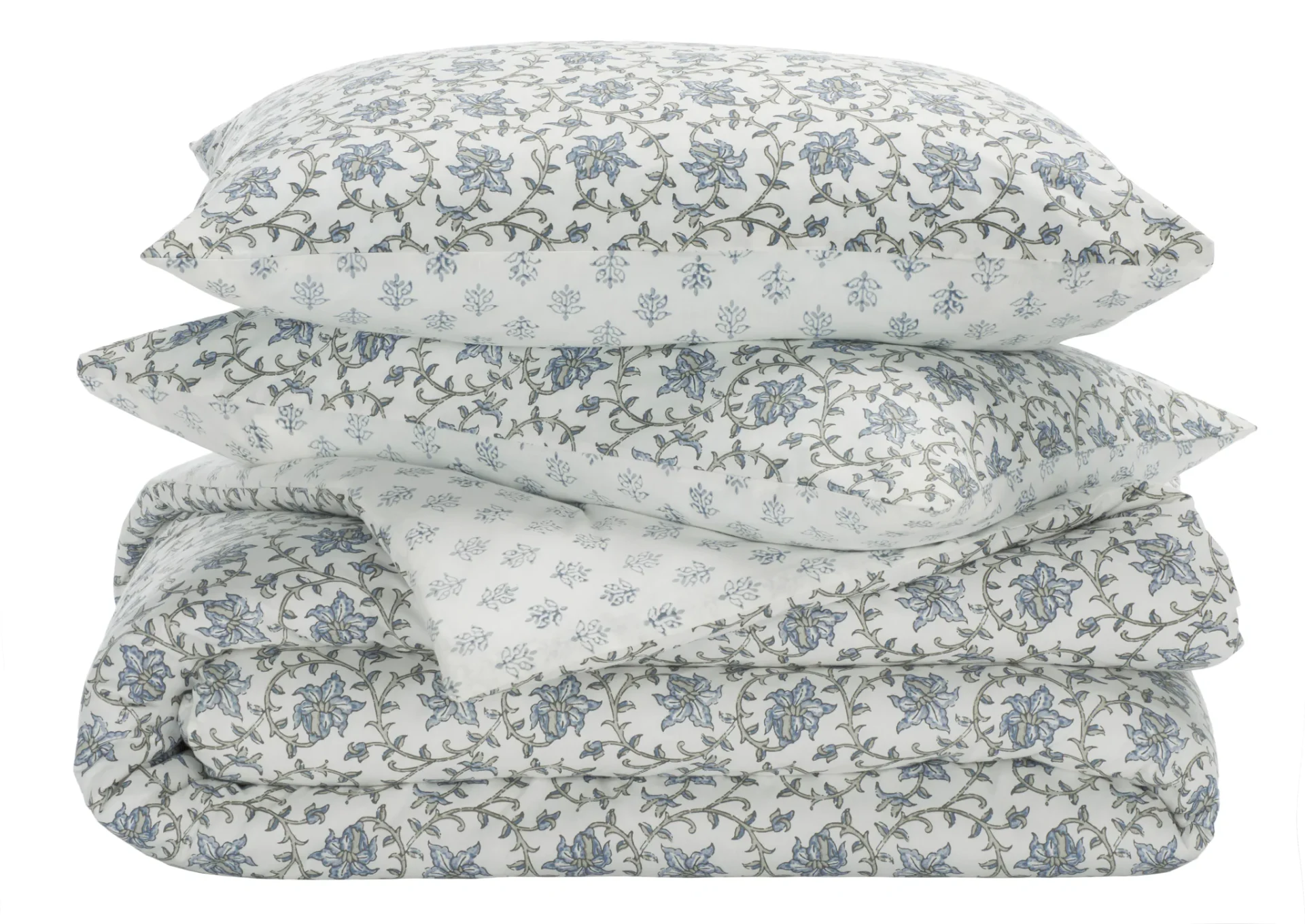 Floral Rev Comforter Set Three-Piece in Blue Mist / Sage Green