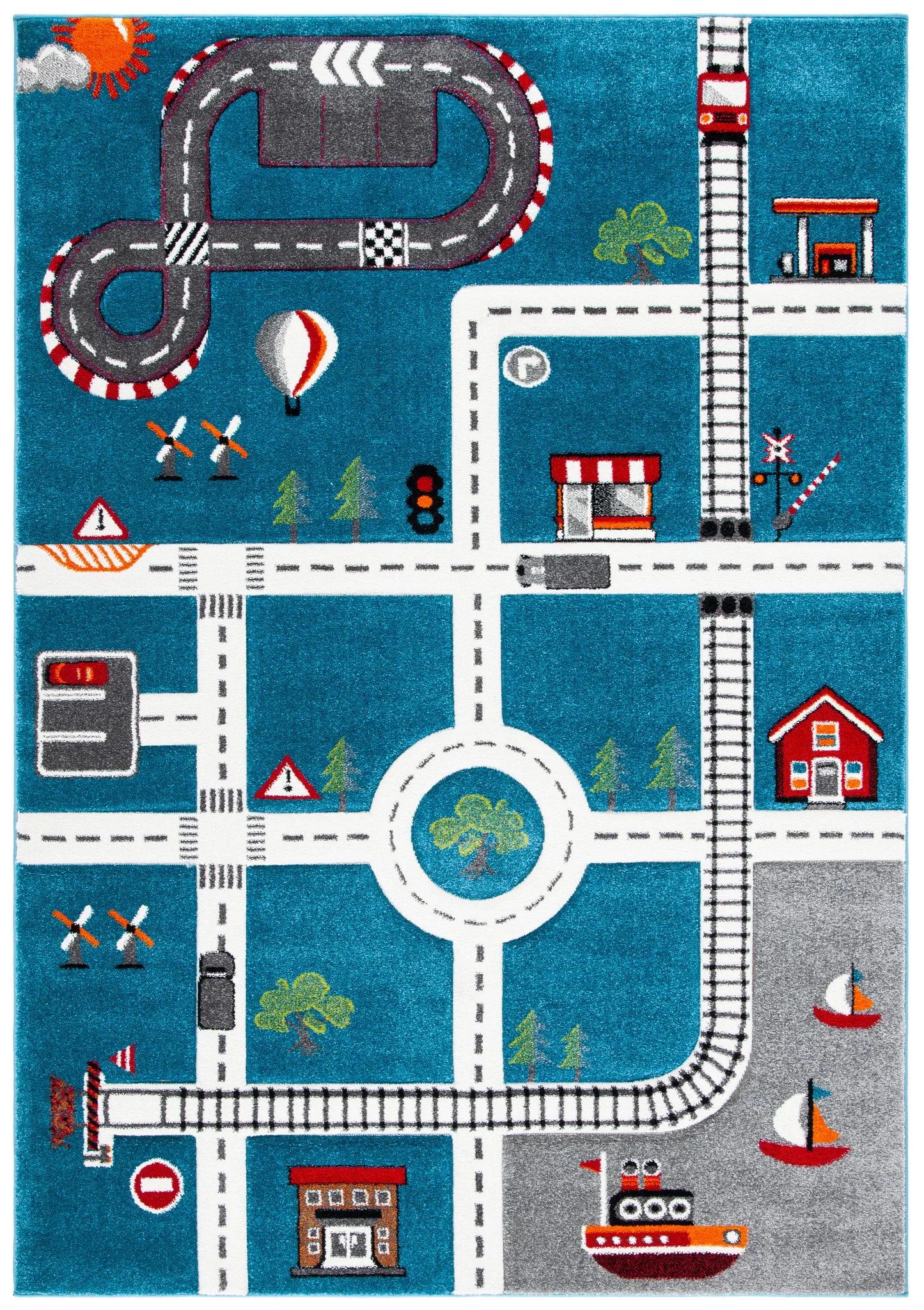 Carousel Kids Road And Railway Play Rug in Turquoise / Ivory