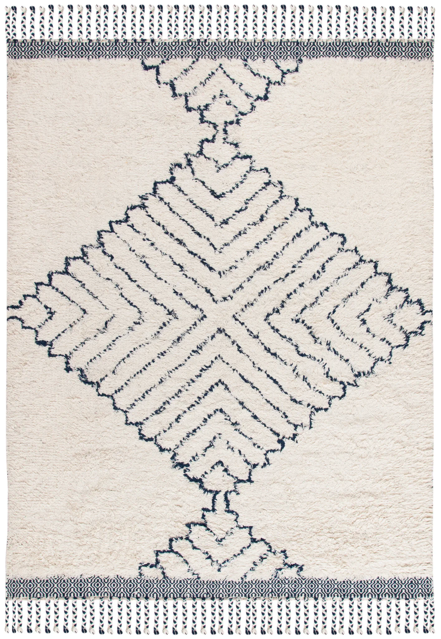 Casablanca Diamond Hand-Woven Shag Wool Rug in Ivory / Navy