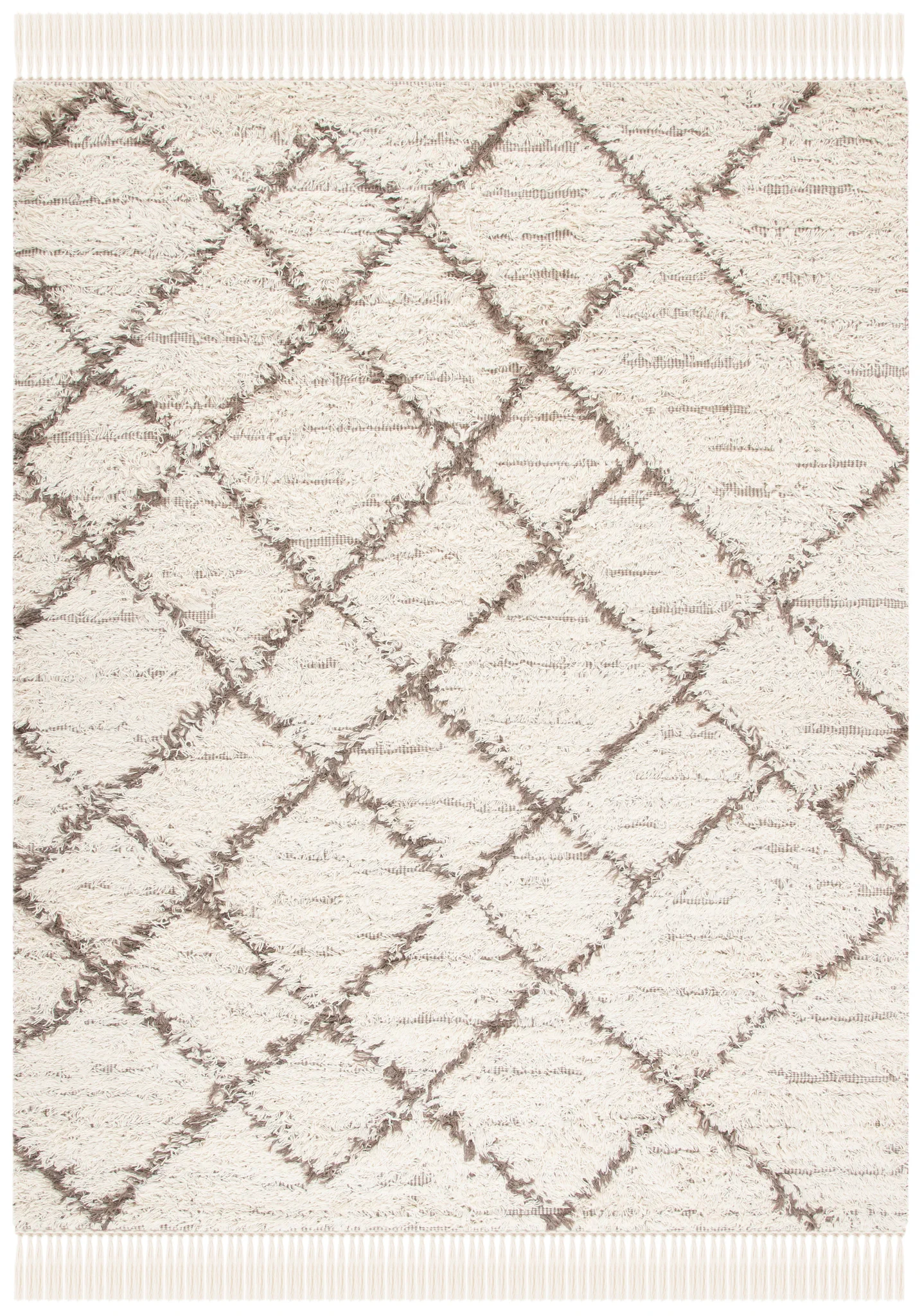 Casablanca Diamond Trellis Hand-Woven Shag Rug in Ivory / Taupe