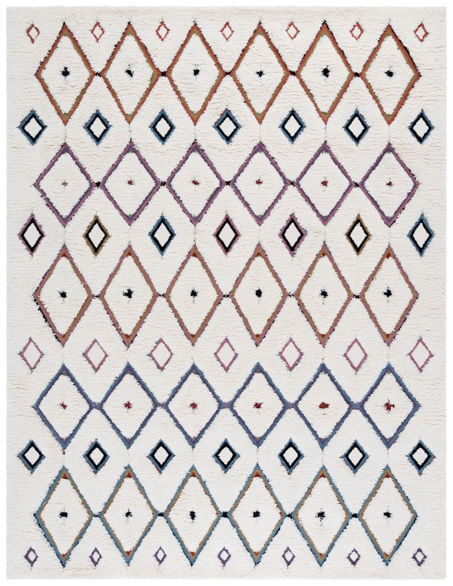 Casablanca Diamond Lattice Hand-Tufted Shag Wool Rug in Ivory / Blue