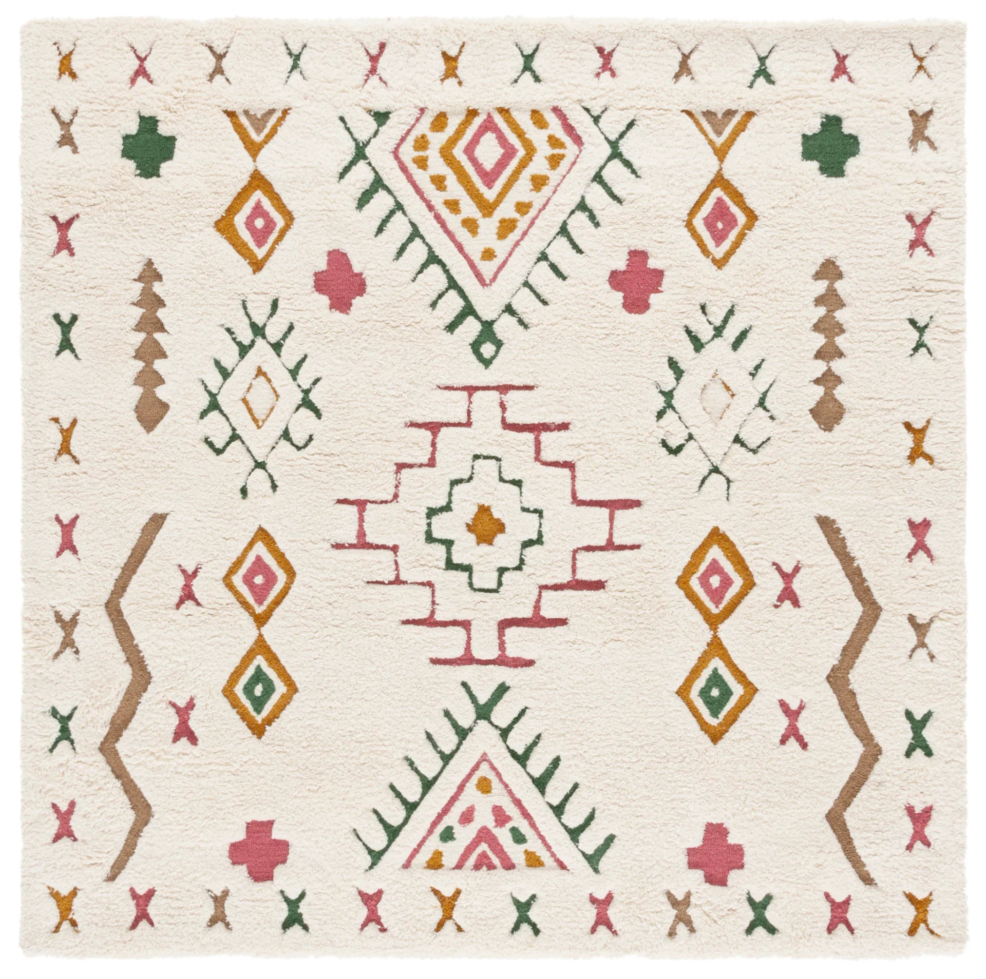 Casablanca Tribal Motif Hand-Tufted Shag Wool Rug in Ivory / Pink