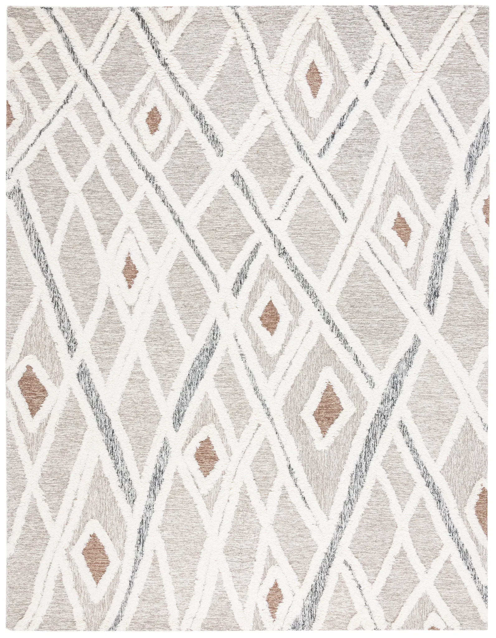 Casablanca Tribal Diamond Hand-Tufted Shag Wool Rug in Gray / Ivory