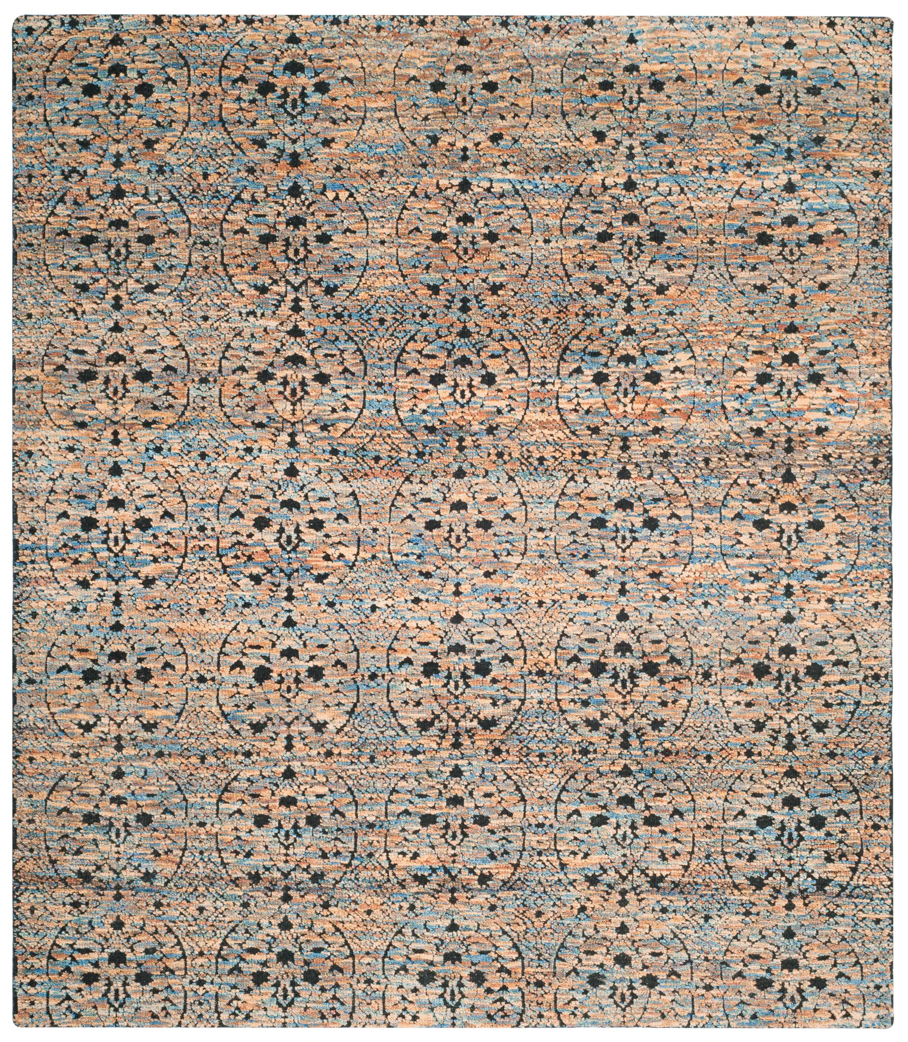 Castilla Repeating Medallion Hand-Knotted Wool Rug in Blue Gold / Charcoal