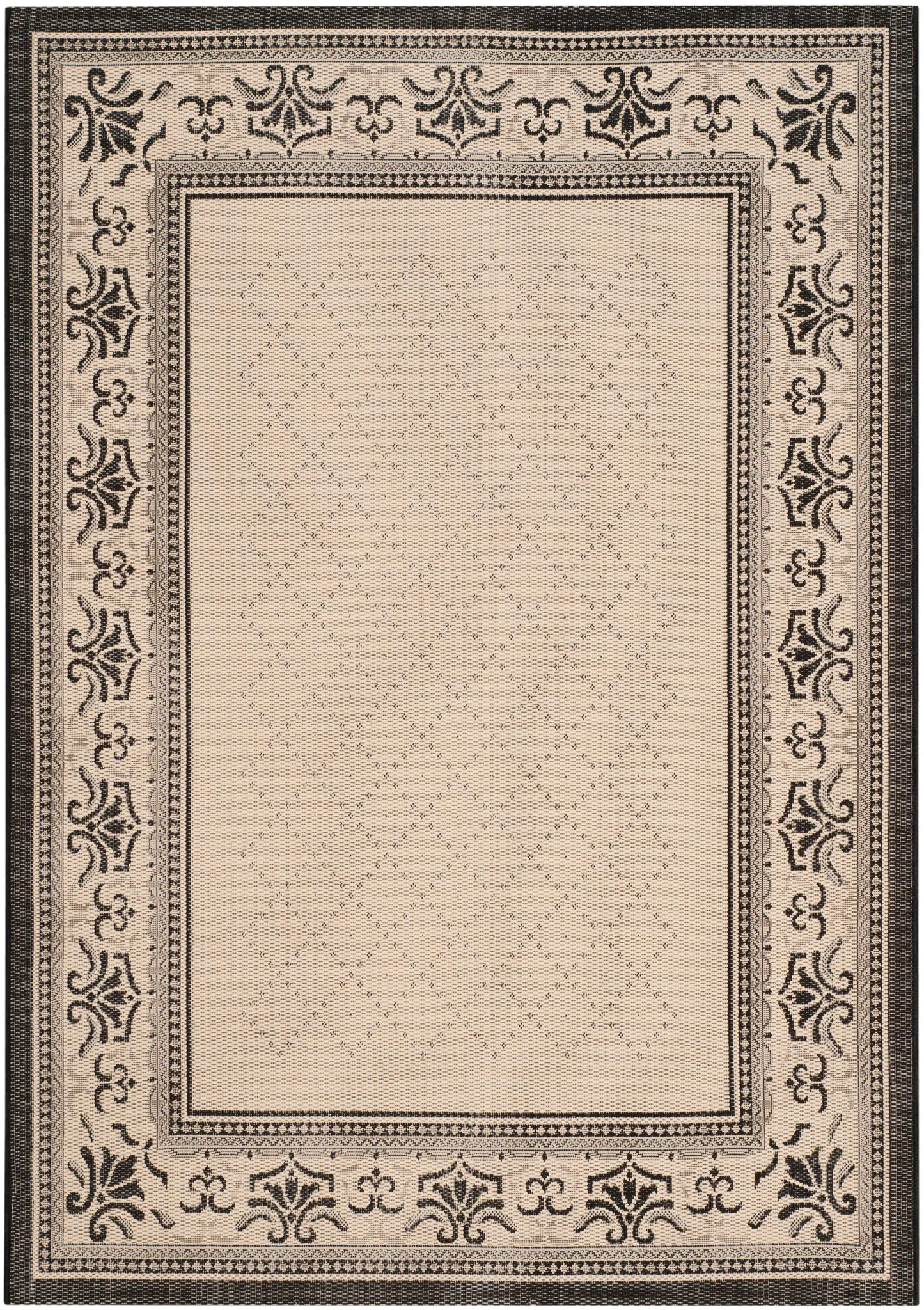 Courtyard Scroll Bordered Outdoor Rug in Sand / Black
