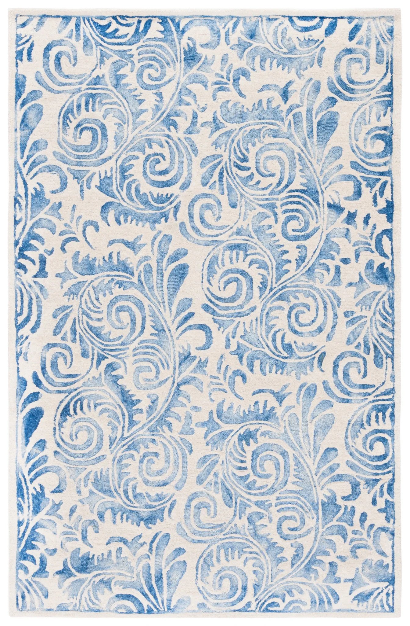Dip Dye Scrollwork Hand-Tufted Wool Rug in Blue / Ivory