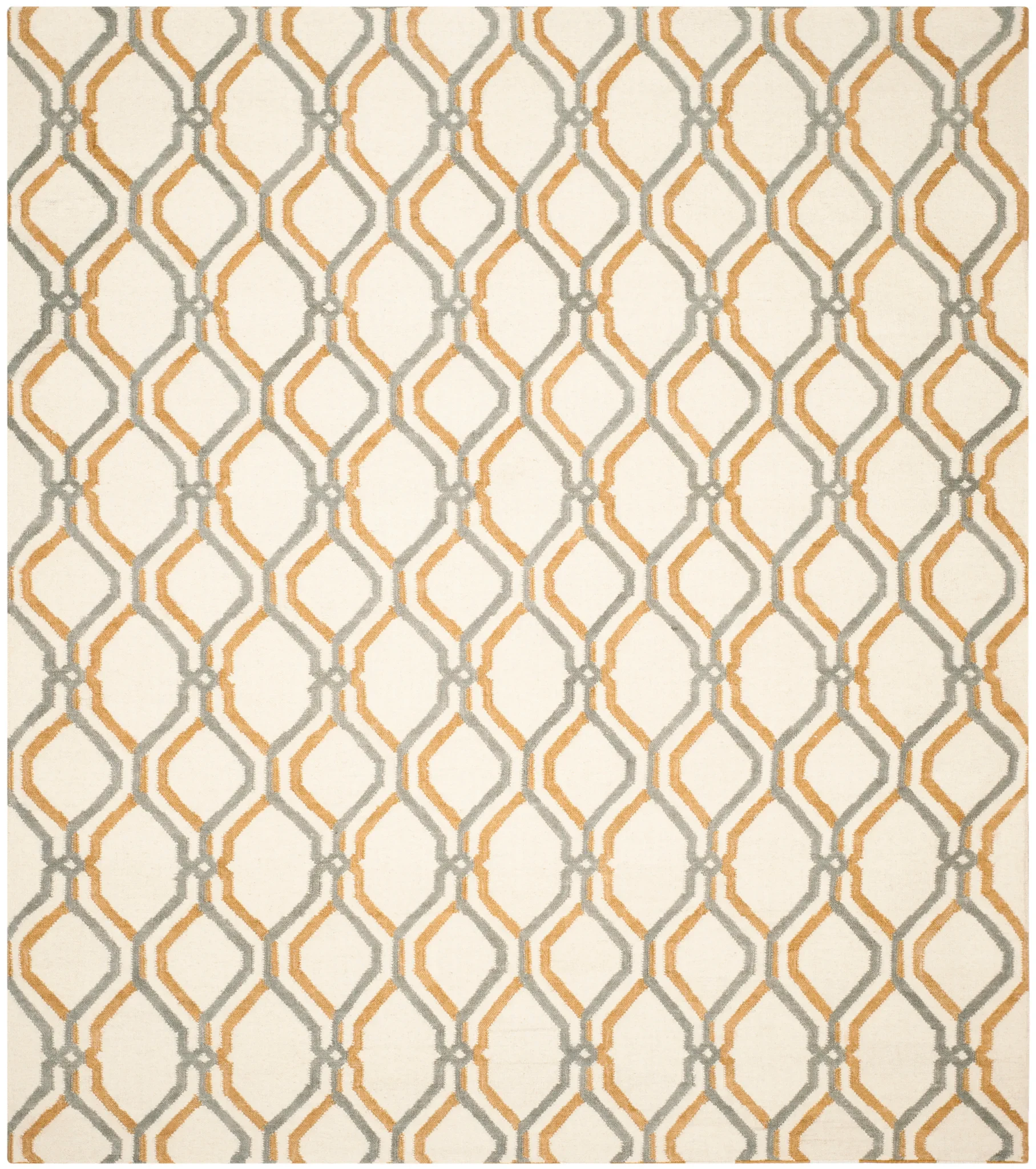 Dhurries Interlocking Lattice Hand-Woven Wool Rug in Ivory / Black