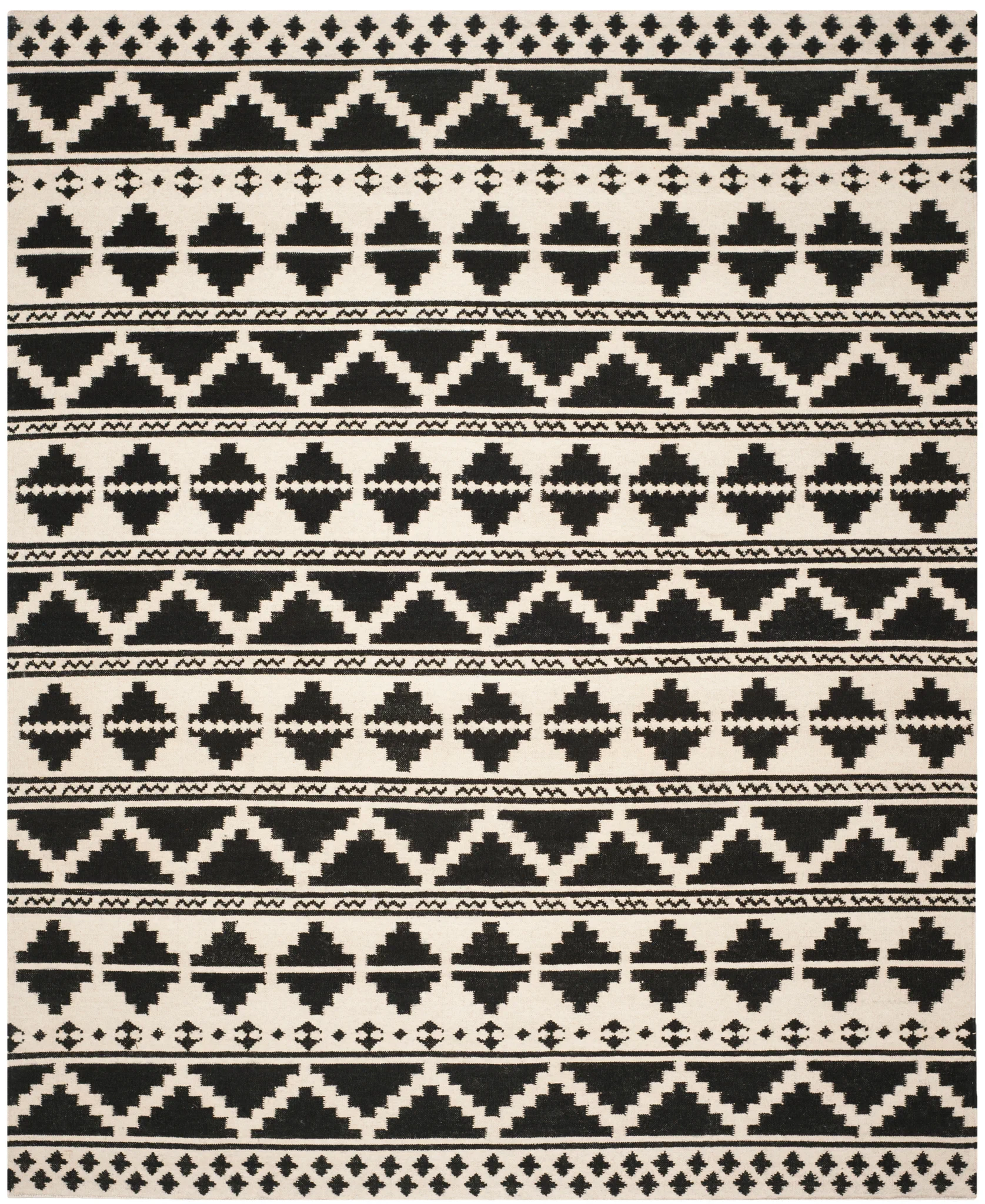 Dhurries Banded Geometric Hand-Woven Wool Rug in Black / Ivory