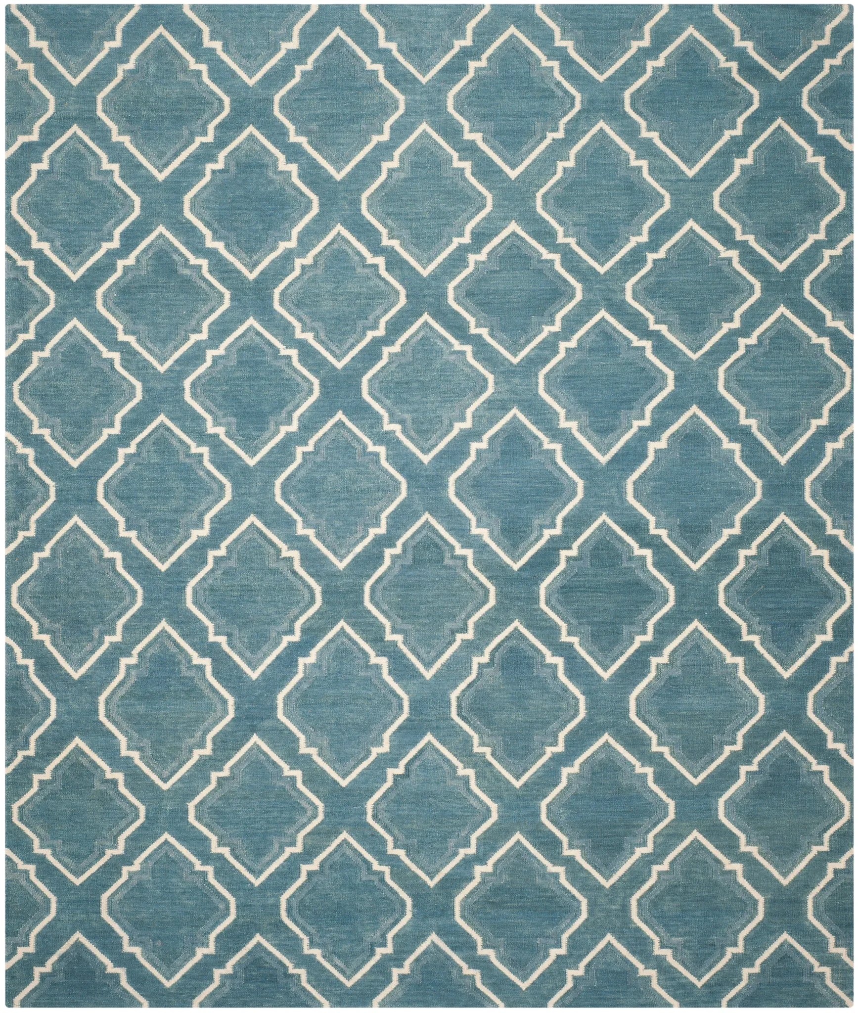 Dhurries Stepped Ogee Trellis Hand-Woven Wool Rug in Blue / Ivory