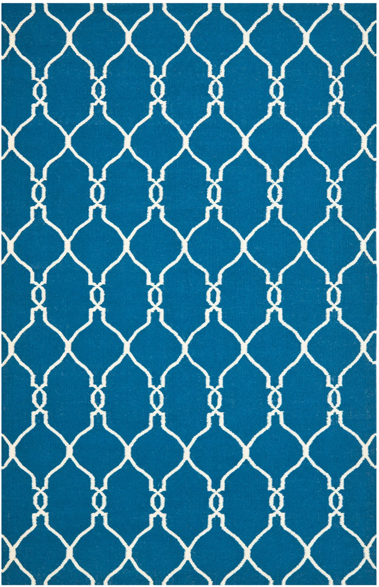 Dhurries Linked Trellis Hand-Woven Wool Rug in Dark Blue