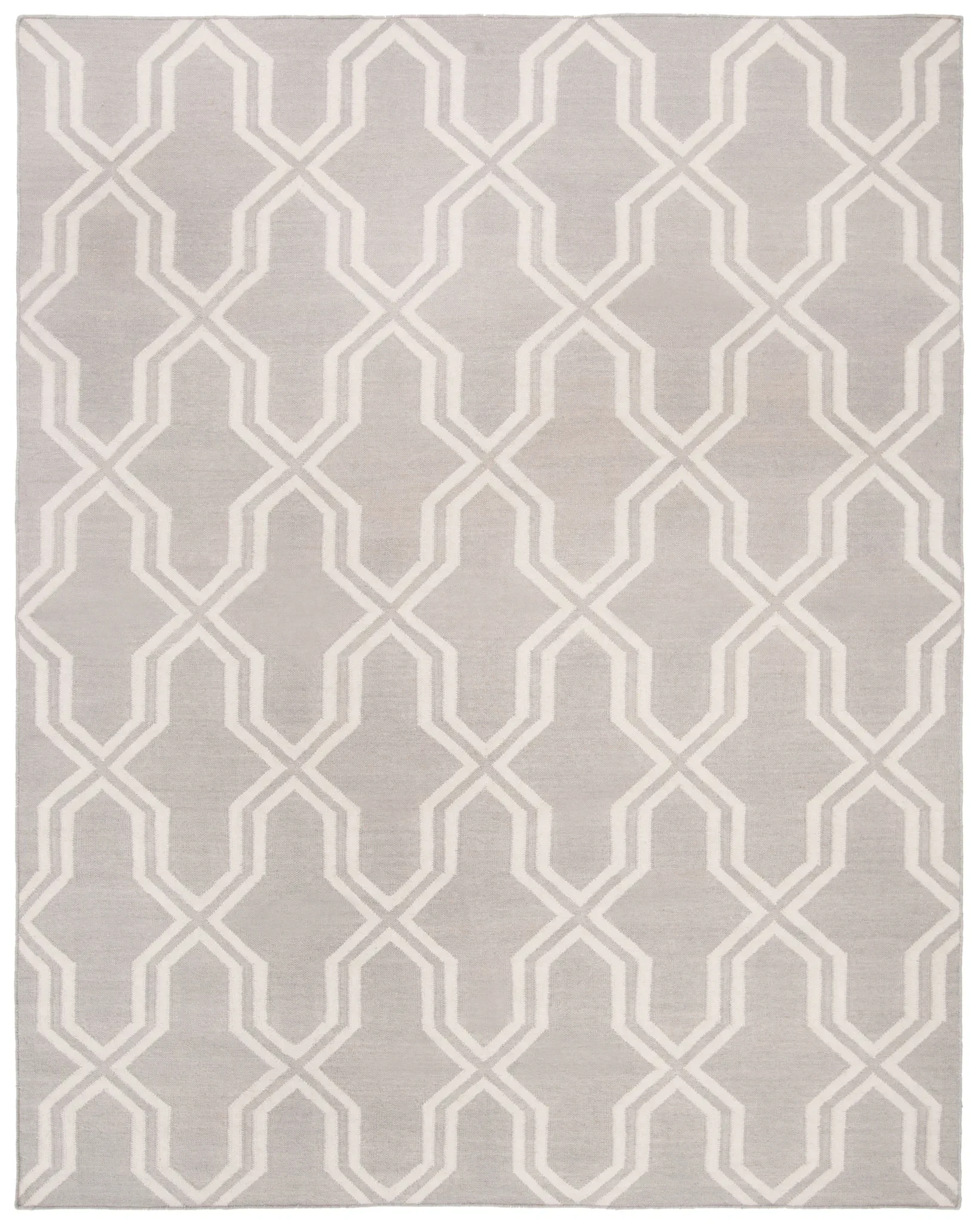 Dhurries Geometric Trellis Hand-Woven Wool Rug in Gray / Ivory