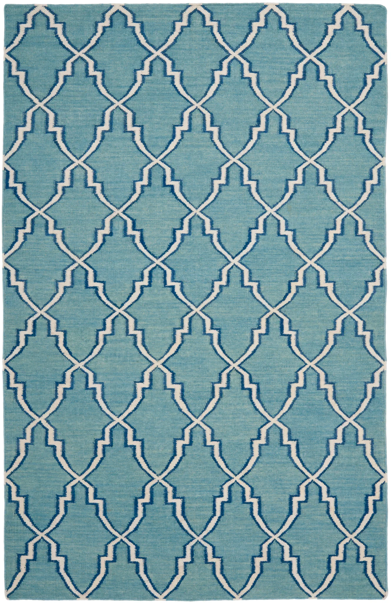 Dhurries Elongated Trellis Hand-Woven Rug in Light Blue / Ivory