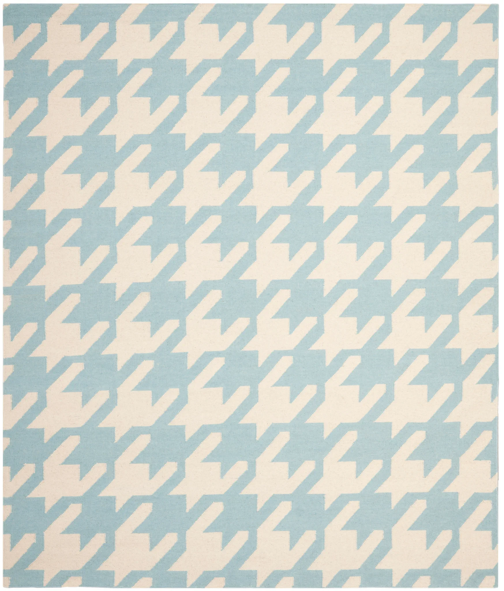 Dhurries Houndstooth Hand-Woven Wool Rug in Light Blue / Ivory