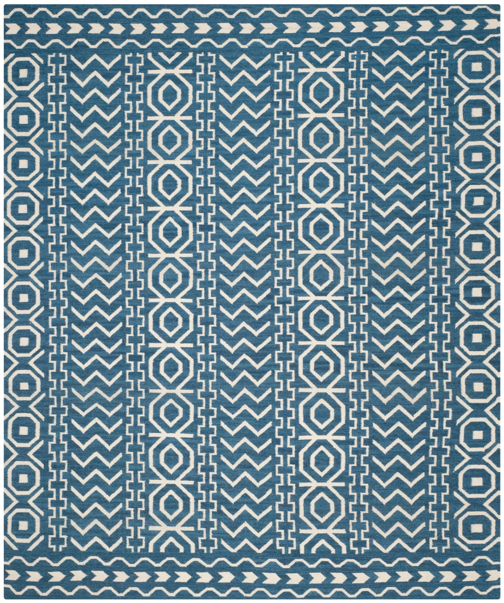Dhurries Striped Chevron Hand-Woven Rug in Dark Blue / Ivory