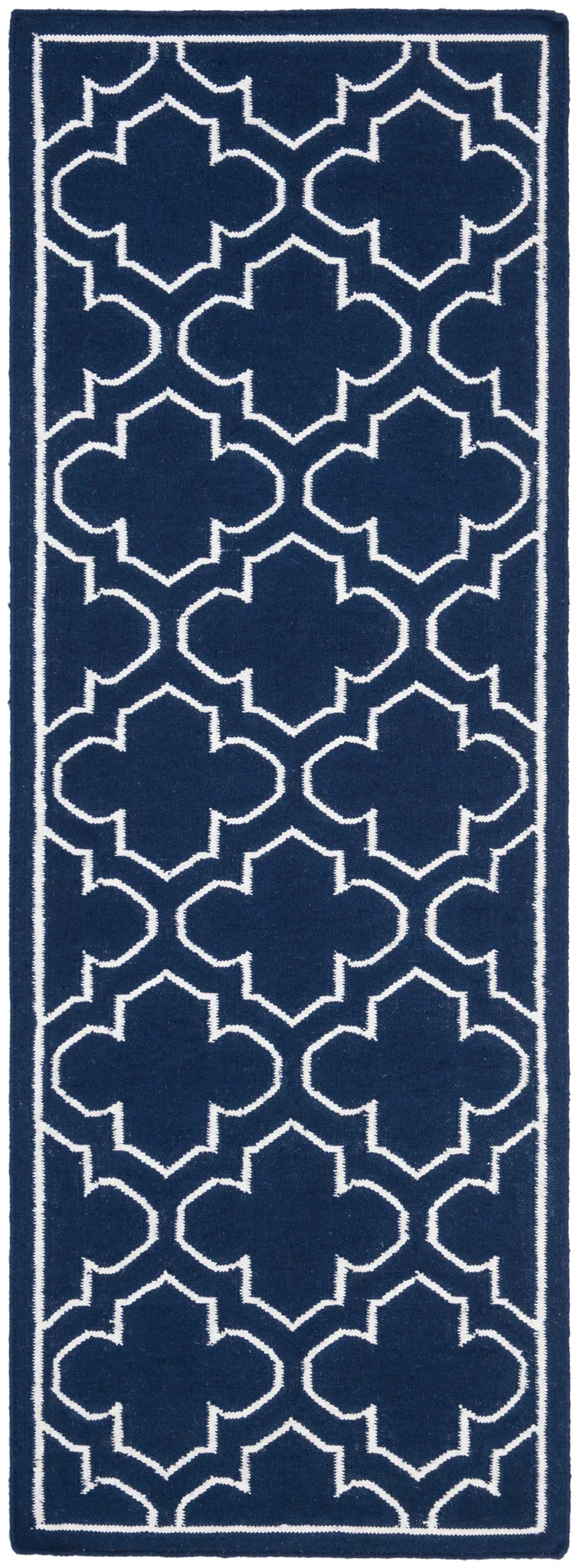 Dhurries Bordered Quatrefoil Hand-Woven Rug in Navy / Ivory