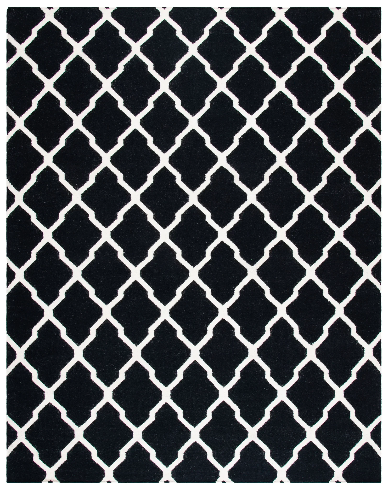 Dhurries Lattice Hand-Woven Wool Rug in Black / Ivory