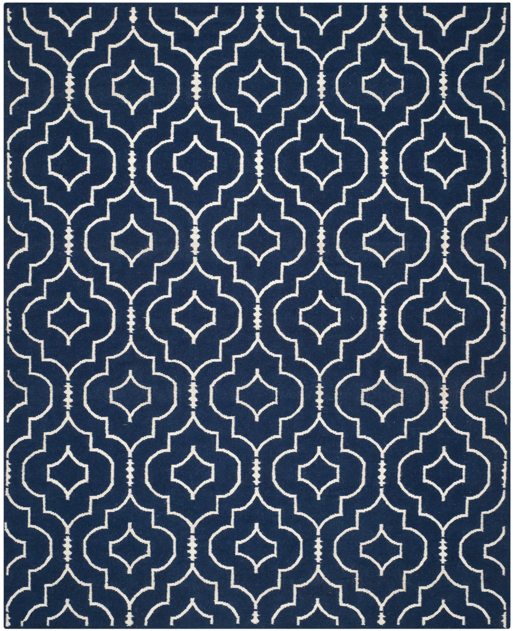 Dhurries Nested Trellis Hand-Woven Wool Rug in Navy / Ivory