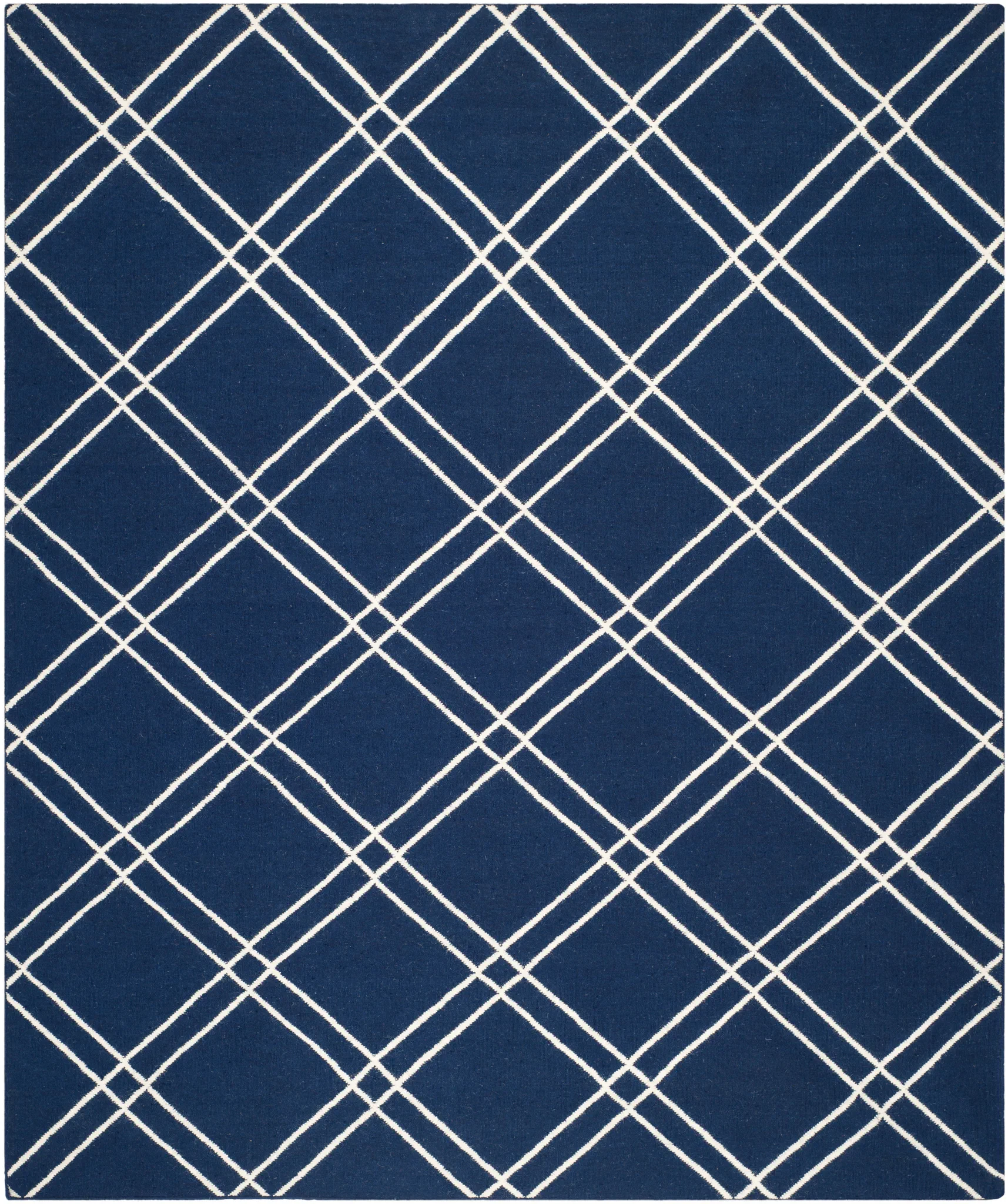 Dhurries Double Diamond Hand-Woven Wool Rug in Navy / Ivory
