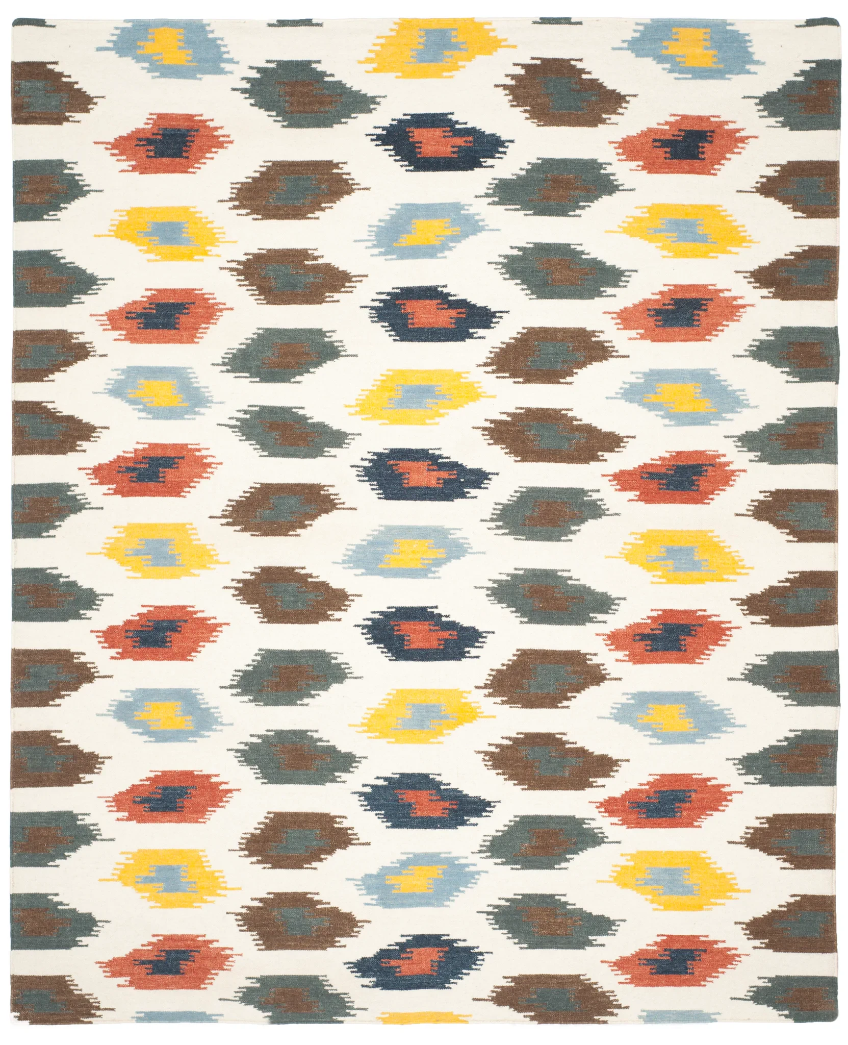Dhurries Ikat Diamond Hand-Woven Wool Rug in Ivory / Multicolor