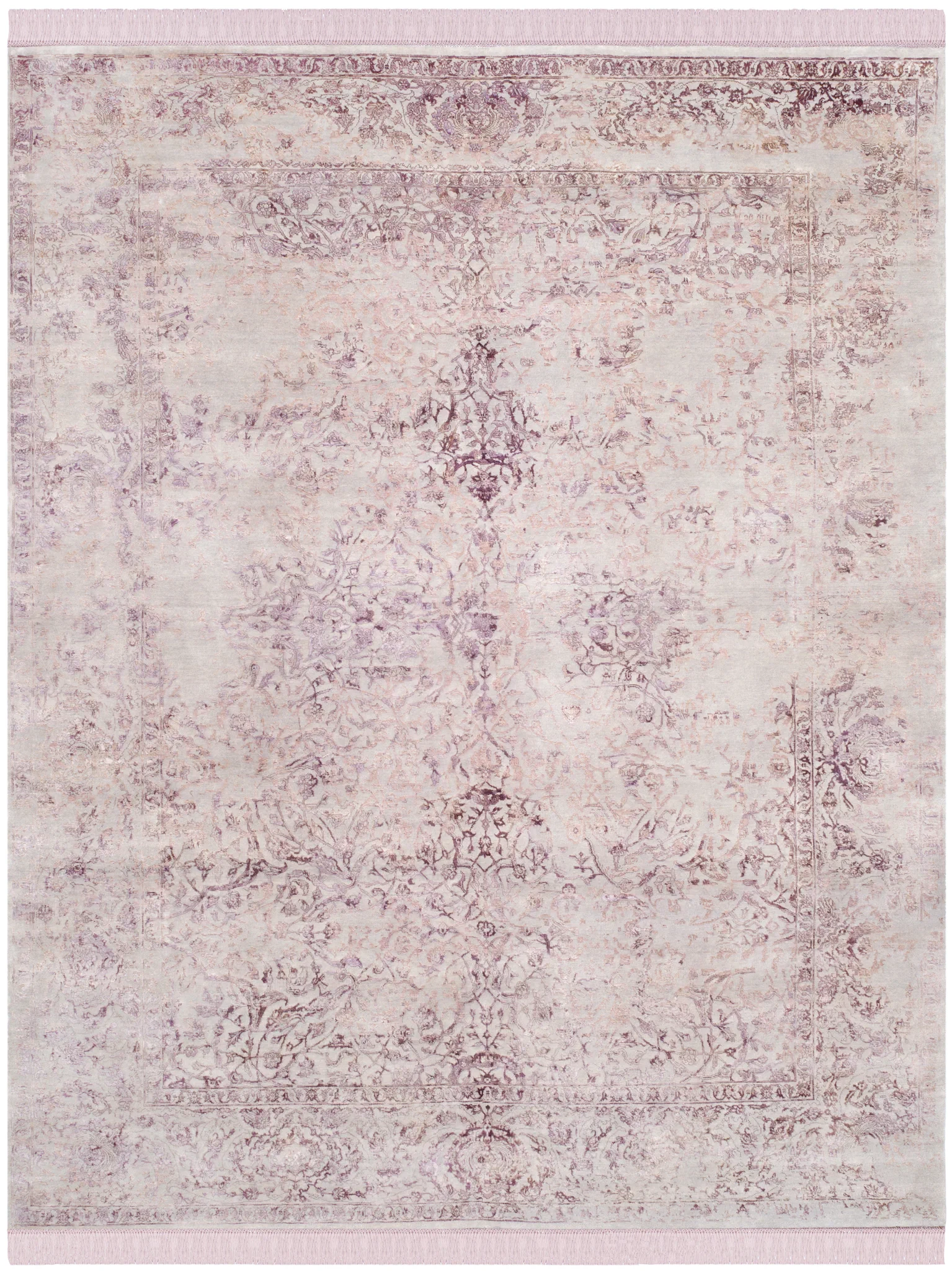 Dream Distressed Botanical Border Hand-Knotted Rug in Dream Distressed Botanical Border Hand-Knotted Rug