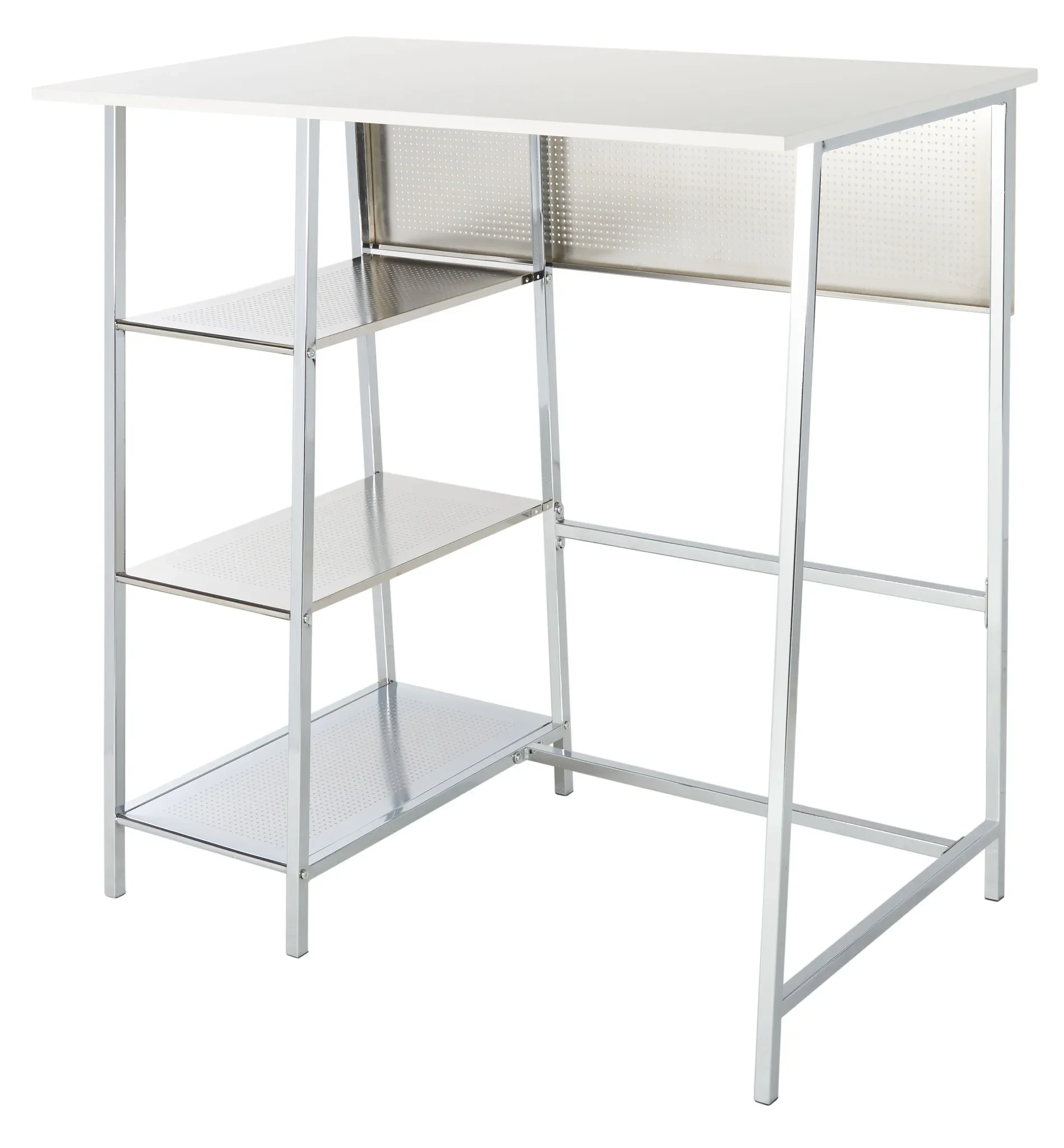 Hayden Three-Shelf Standing Desk in White / Chrome