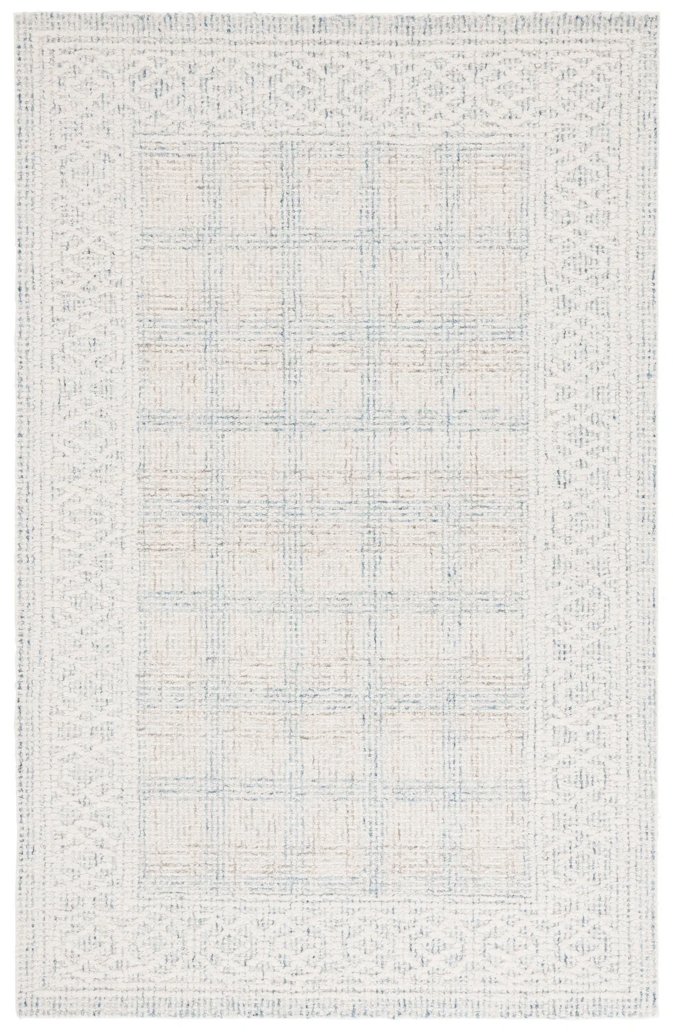 Ebony Plaid Bordered Hand-Tufted Wool Rug in Ivory / Blue