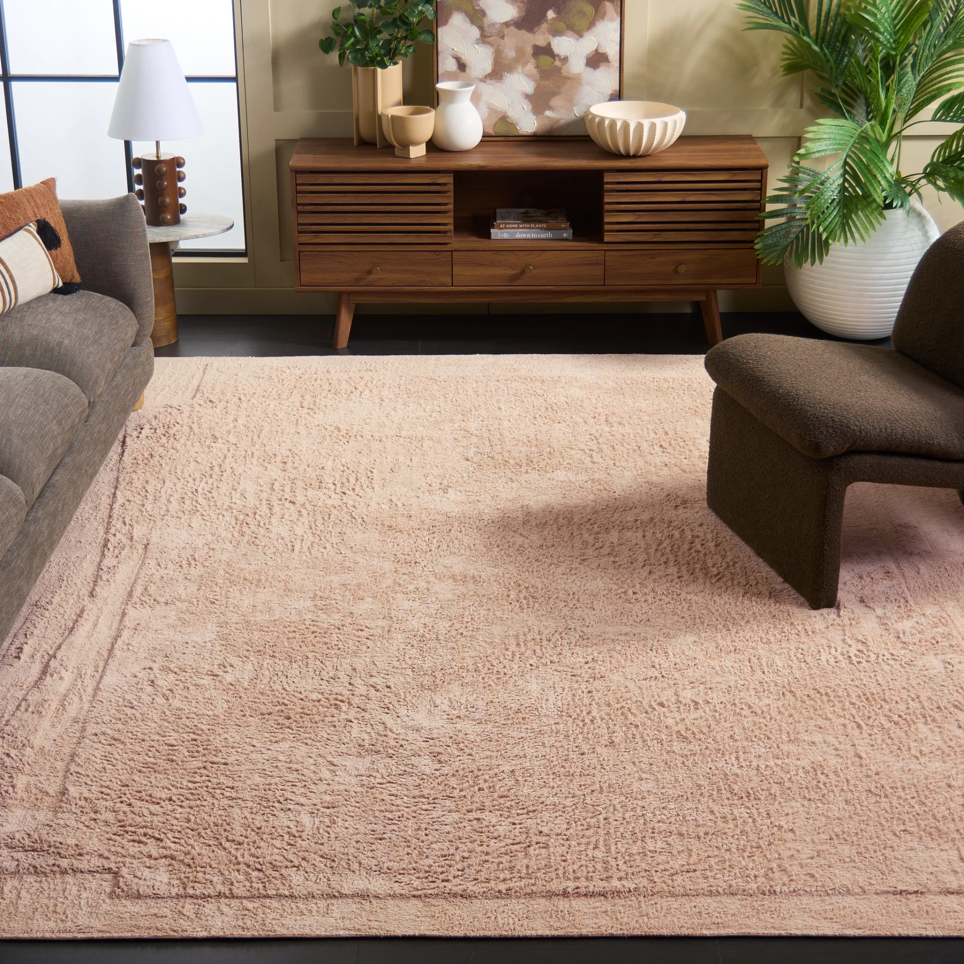 Easy Care Bordered Solid Cotton Washable Rug in Pink