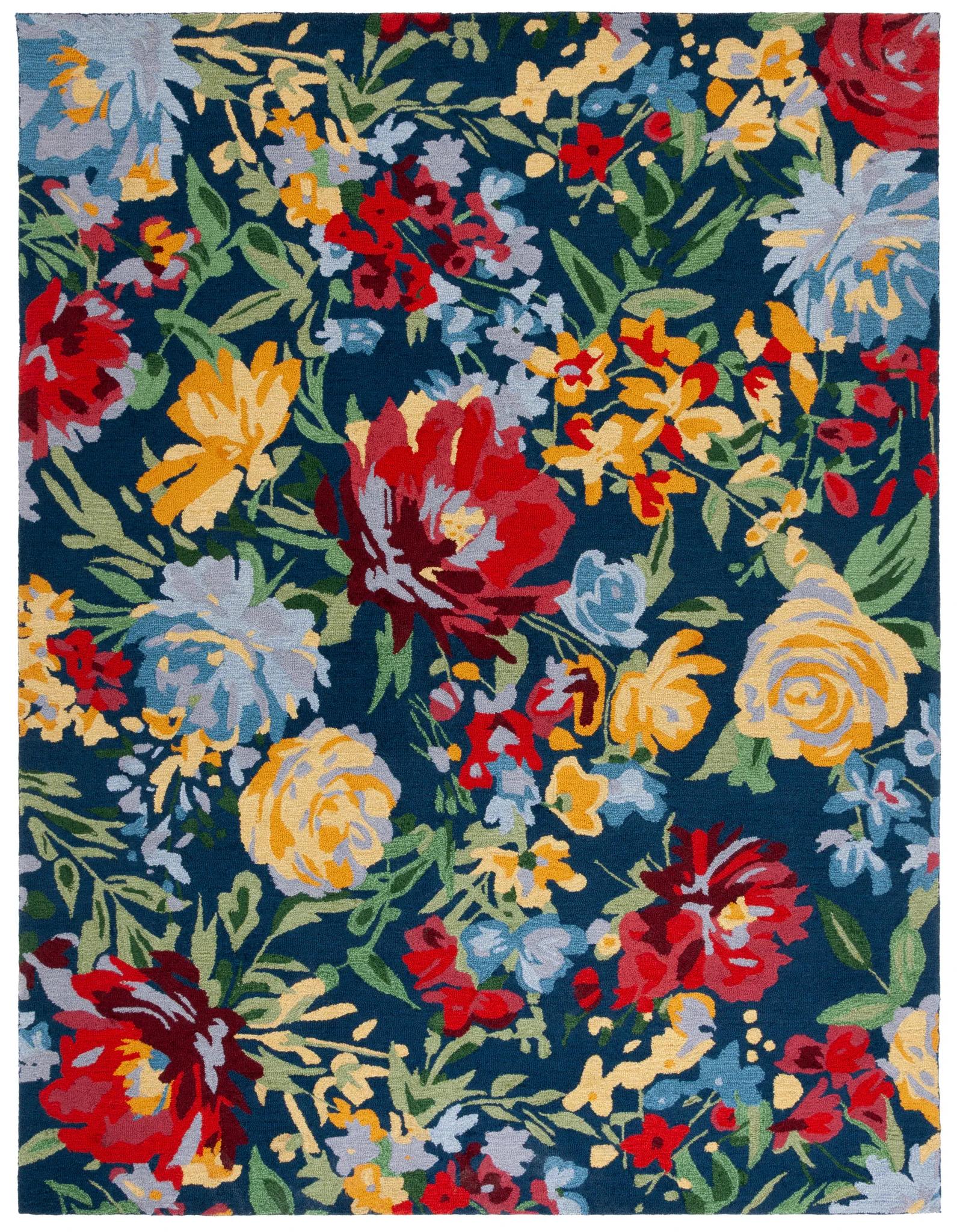 Easy Care Dense Floral Hand-Tufted Rug in Navy / Red