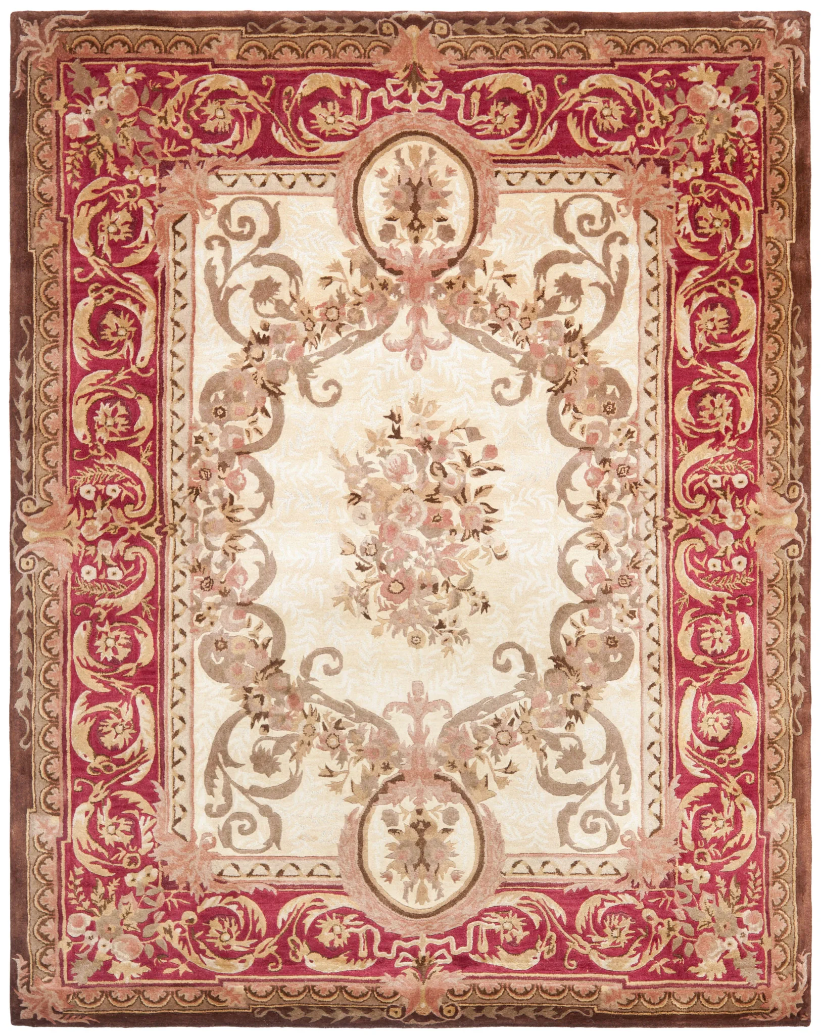 Empire Oval Medallion Bordered Hand-Tufted Wool Rug in Light Gold / Red