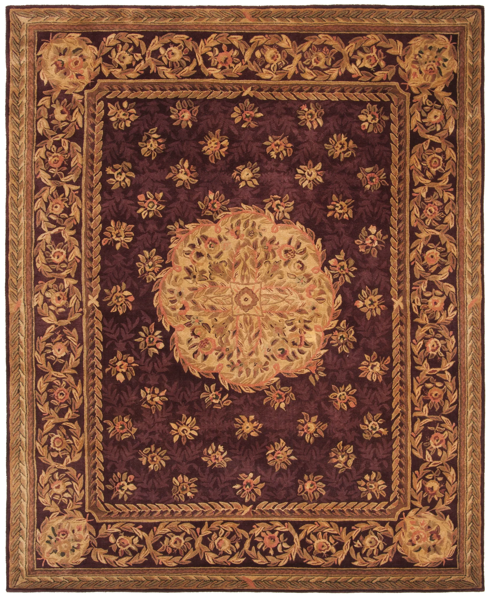 Empire Floral Rosette Bordered Hand-Tufted Wool Rug in Burgundy