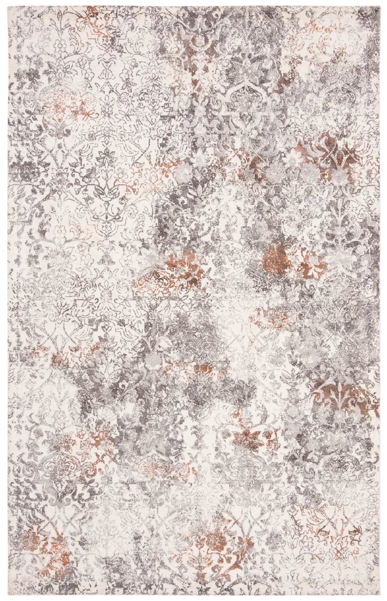 Expression Distressed Damask Hand-Tufted Viscose Rug in Ivory / Gray