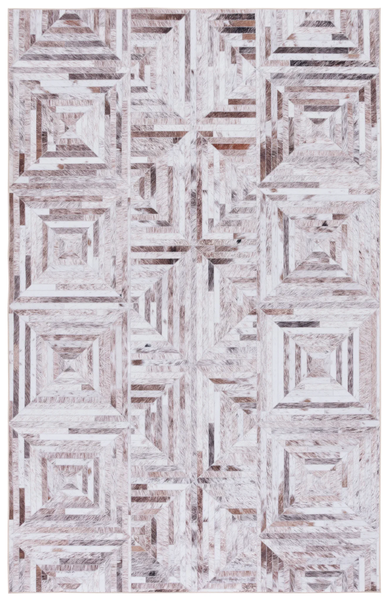 Faux Hide Concentric Square Patchwork Washable Rug in Beige / Brown