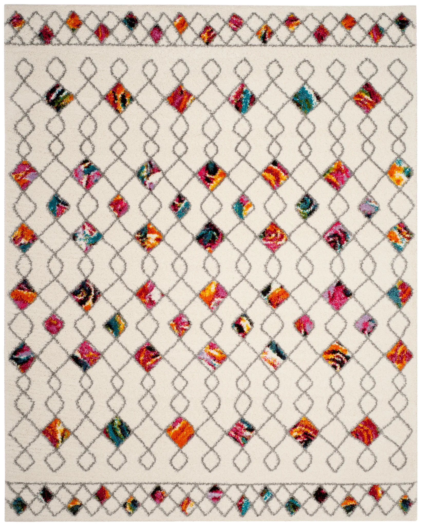 Fiesta Diamond Trellis Shag Rug in Cream / Multicolor