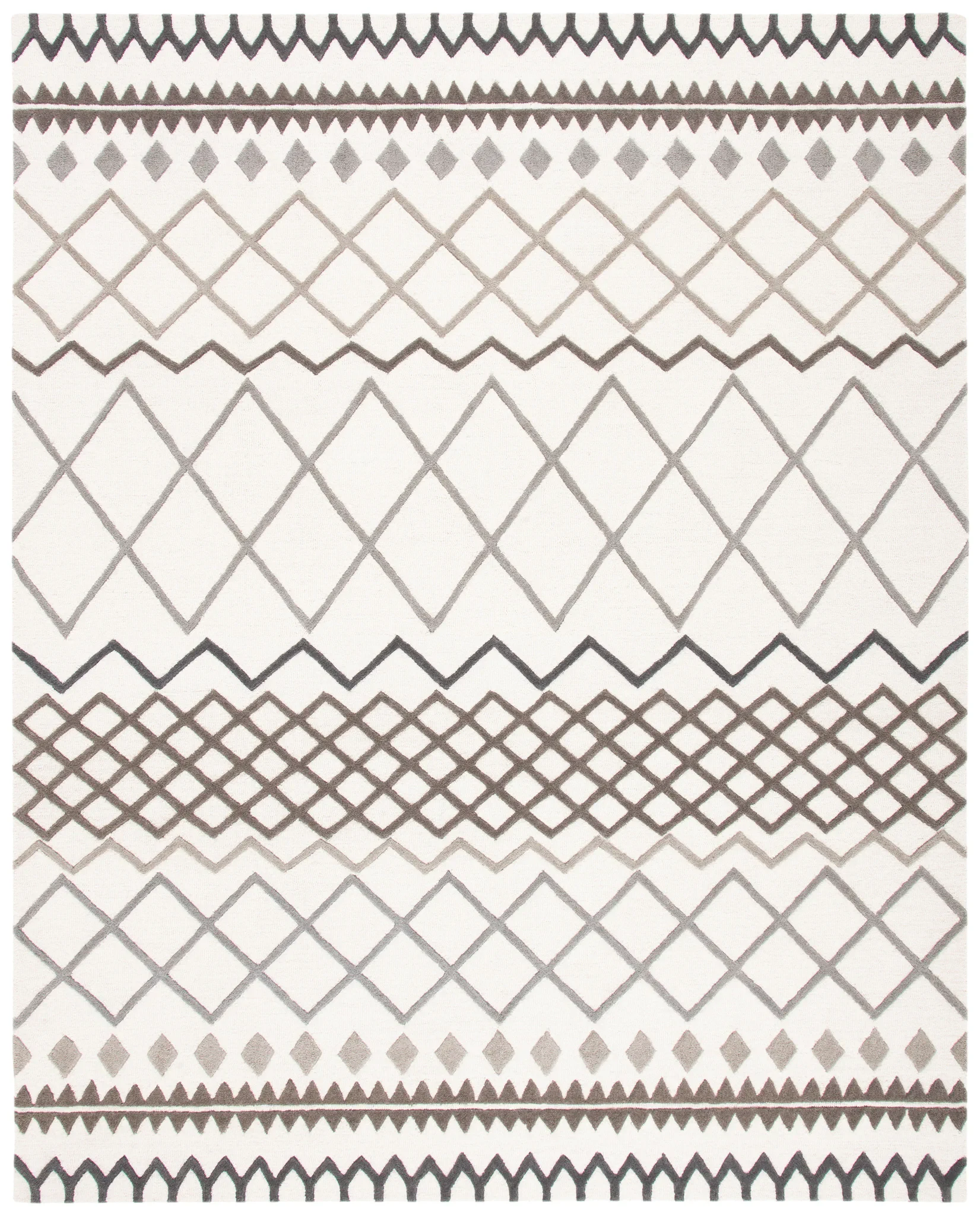 Glamour Tribal Banded Hand-Tufted Wool Rug in Ivory / Gray